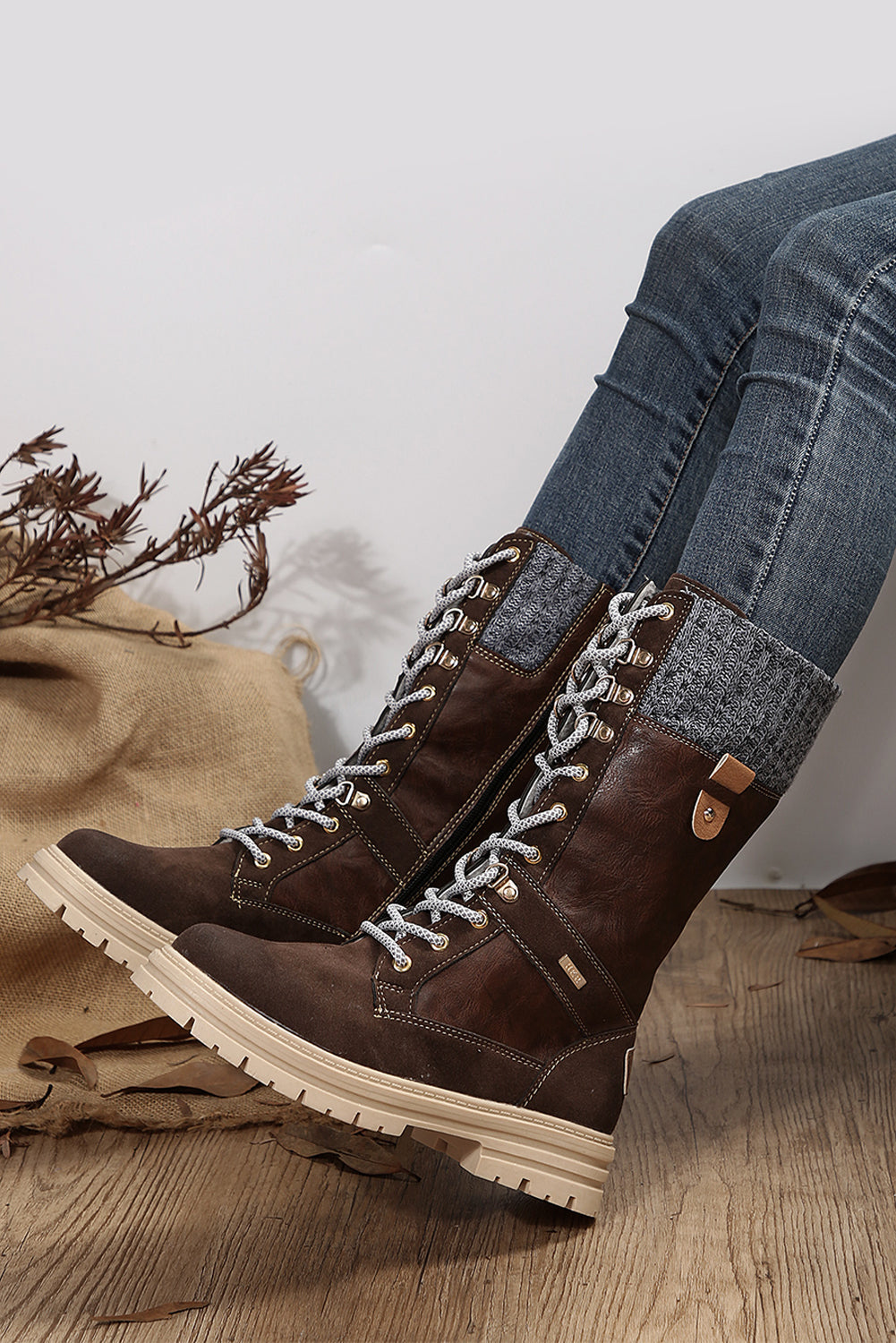 Coffee Wool Knit Patchwork Lace Up Leather Boots - MAD RUFFI