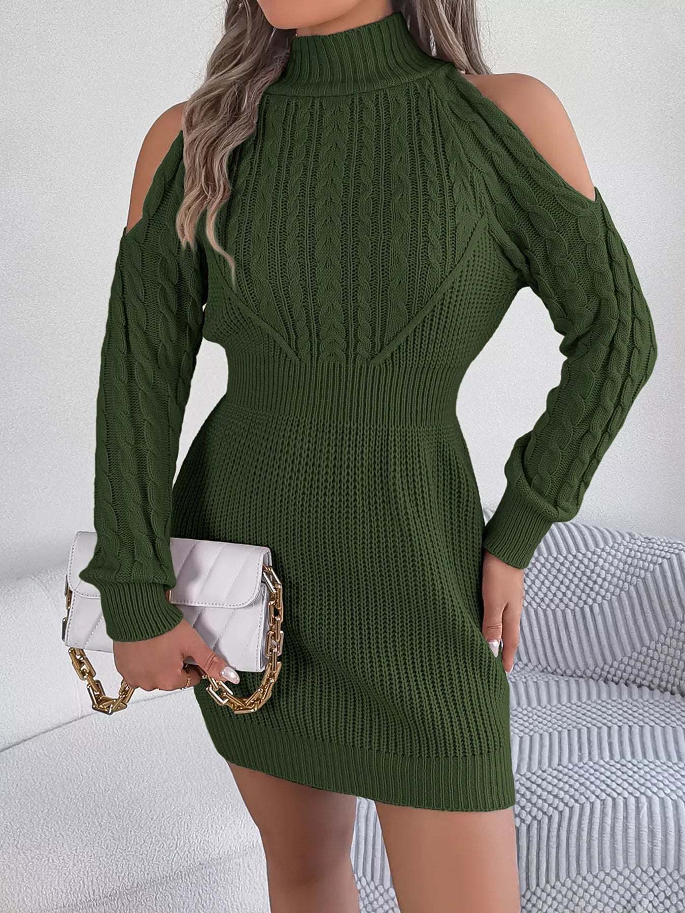 Cold Shoulder Cable Knit Turtleneck Sweater Dress - MAD RUFFI