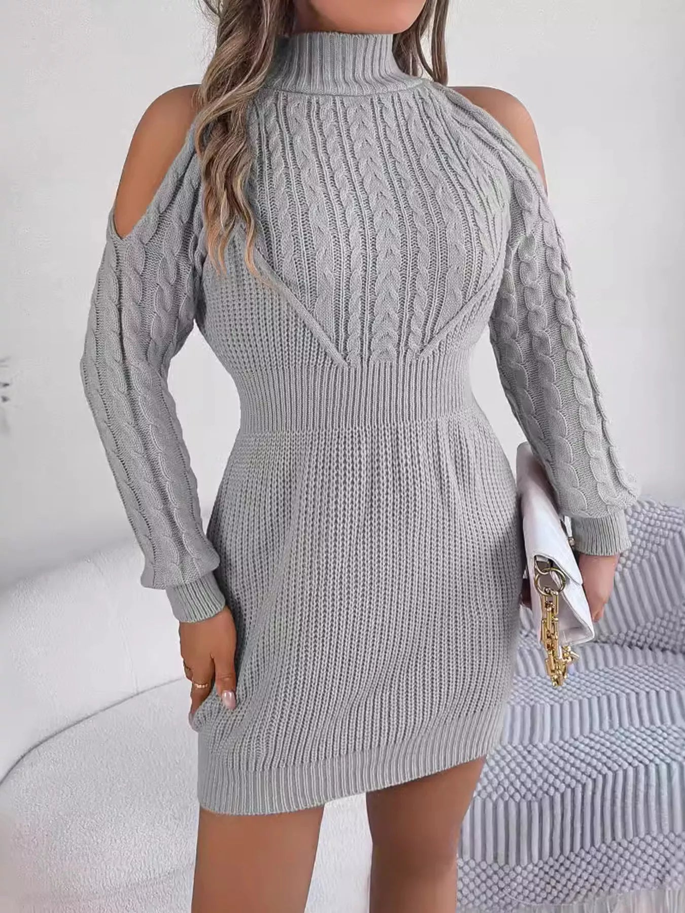 Cold Shoulder Cable Knit Turtleneck Sweater Dress - MAD RUFFI