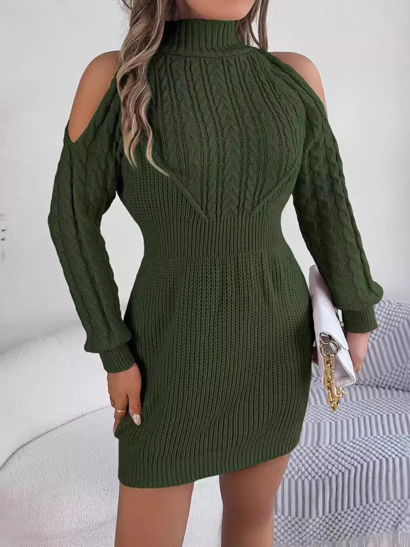 Cold Shoulder Cable Knit Turtleneck Sweater Dress - MAD RUFFI