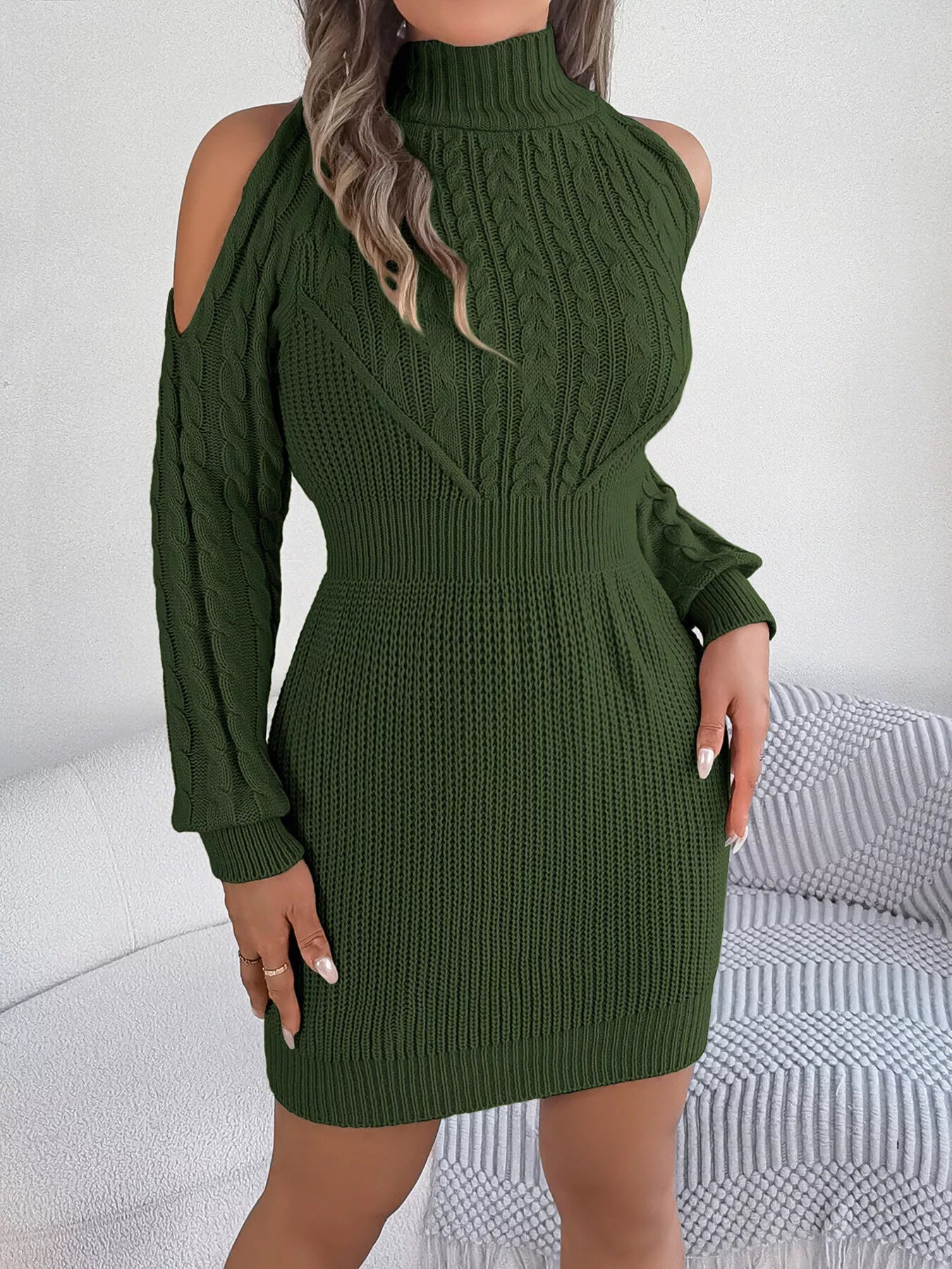Cold Shoulder Cable Knit Turtleneck Sweater Dress - MAD RUFFI