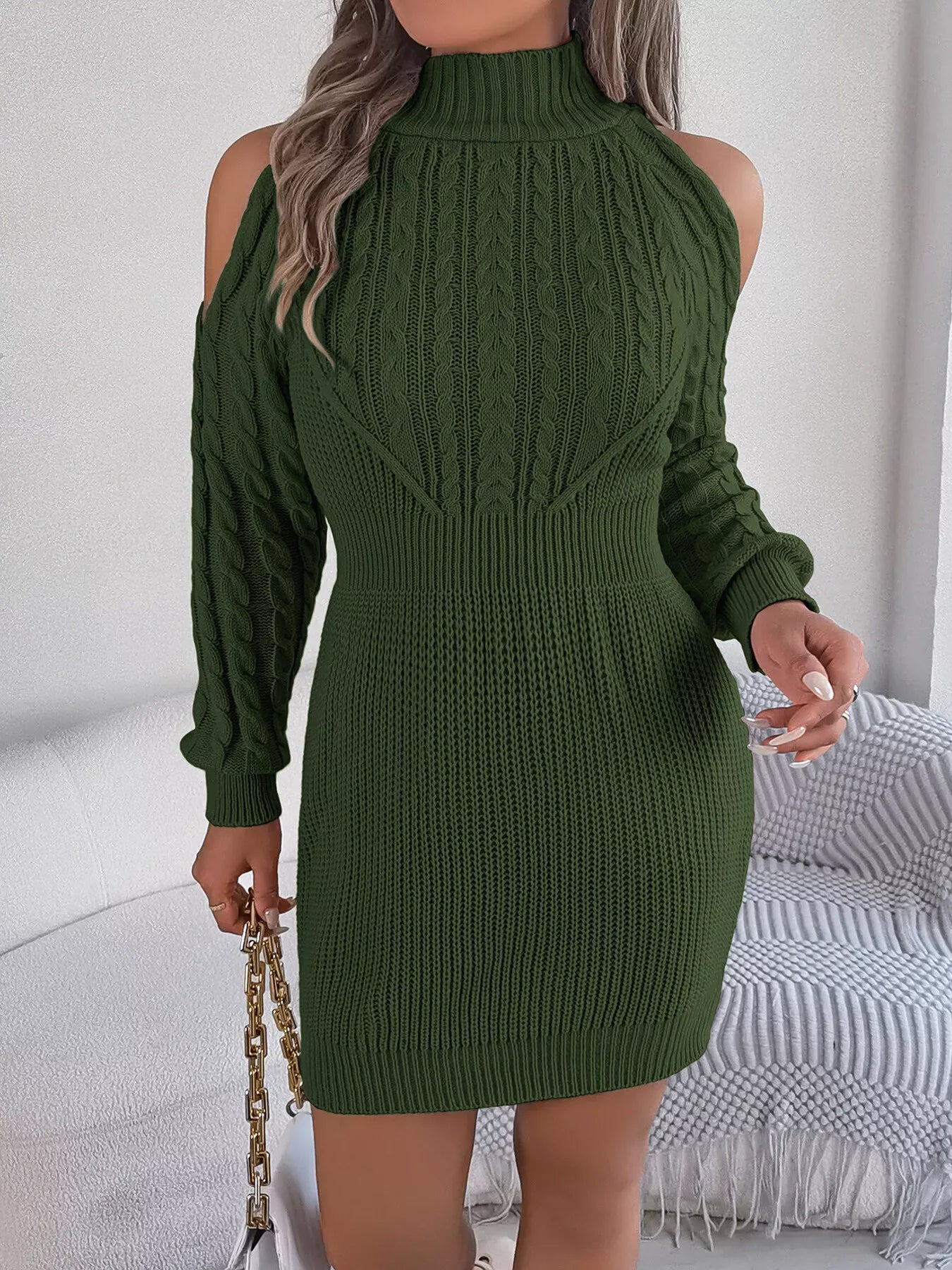 Cold Shoulder Cable Knit Turtleneck Sweater Dress - MAD RUFFI