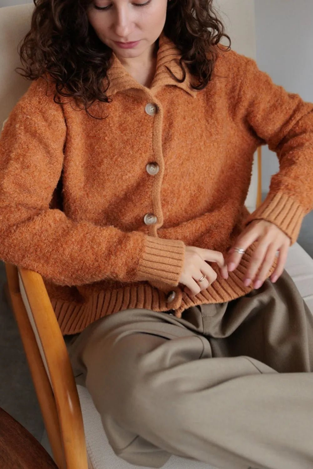 Collared Neck Button Down Long Sleeve Cardigan - MAD RUFFI