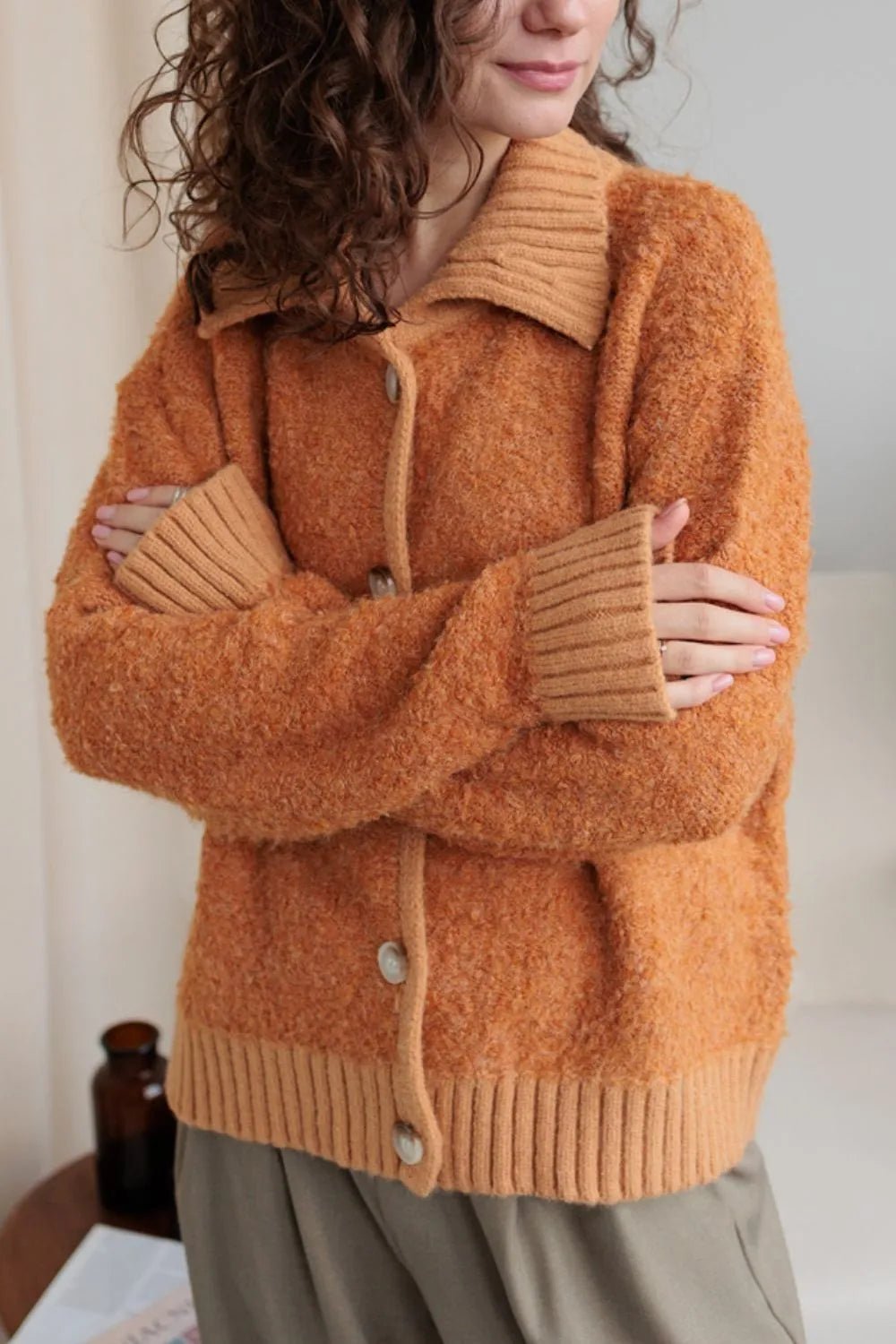 Collared Neck Button Down Long Sleeve Cardigan - MAD RUFFI