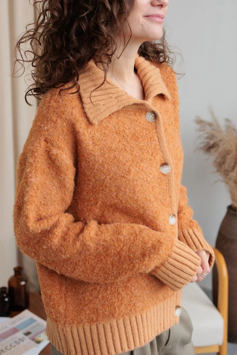 Collared Neck Button Down Long Sleeve Cardigan - MAD RUFFI