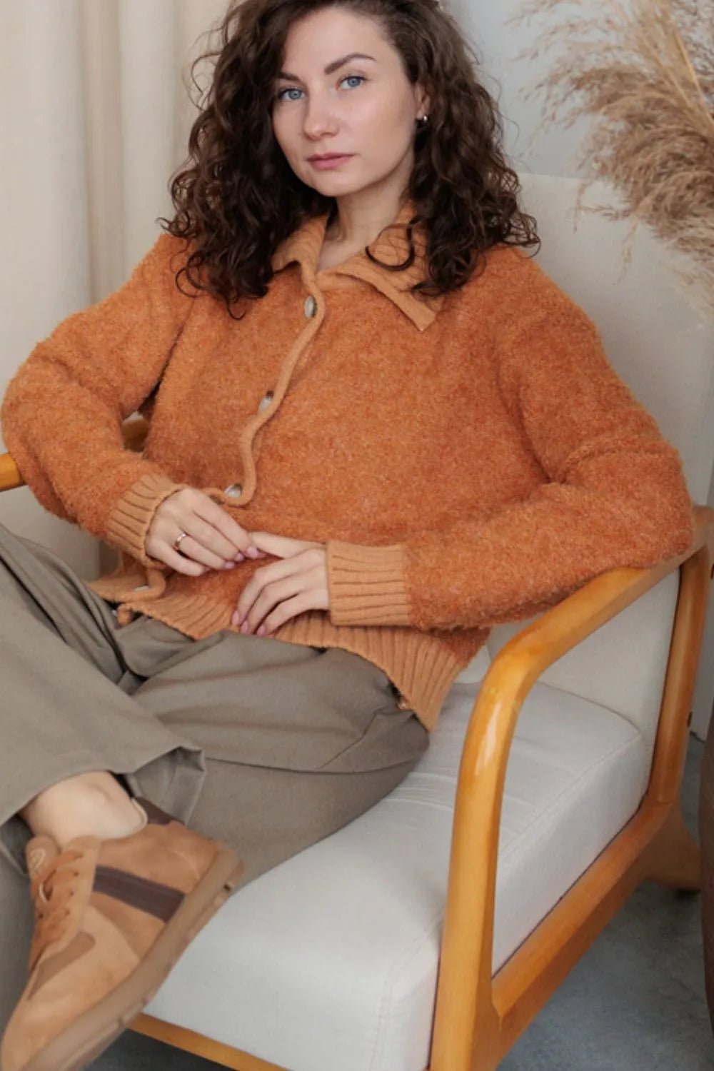 Collared Neck Button Down Long Sleeve Cardigan - MAD RUFFI