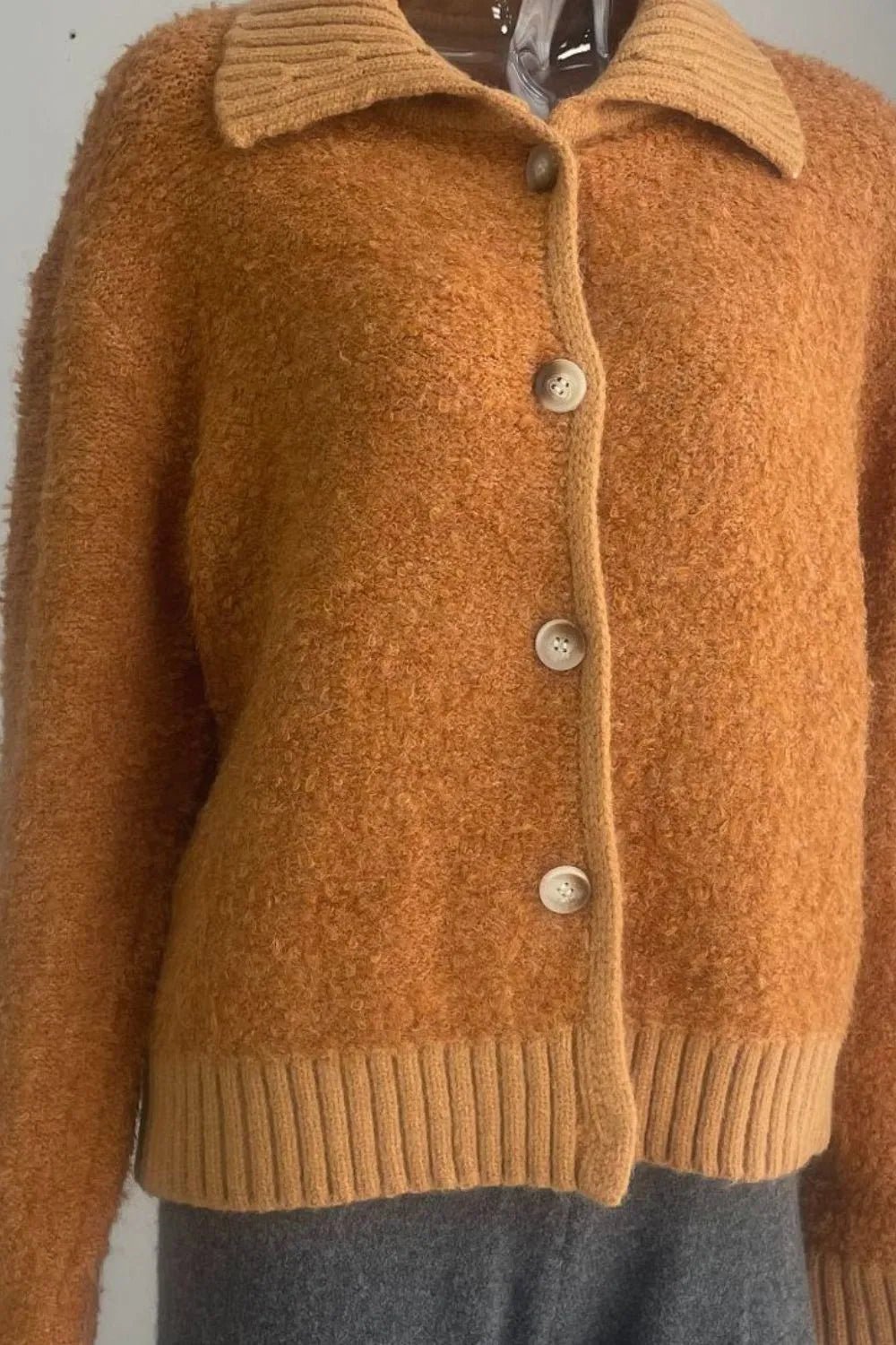 Collared Neck Button Down Long Sleeve Cardigan - MAD RUFFI