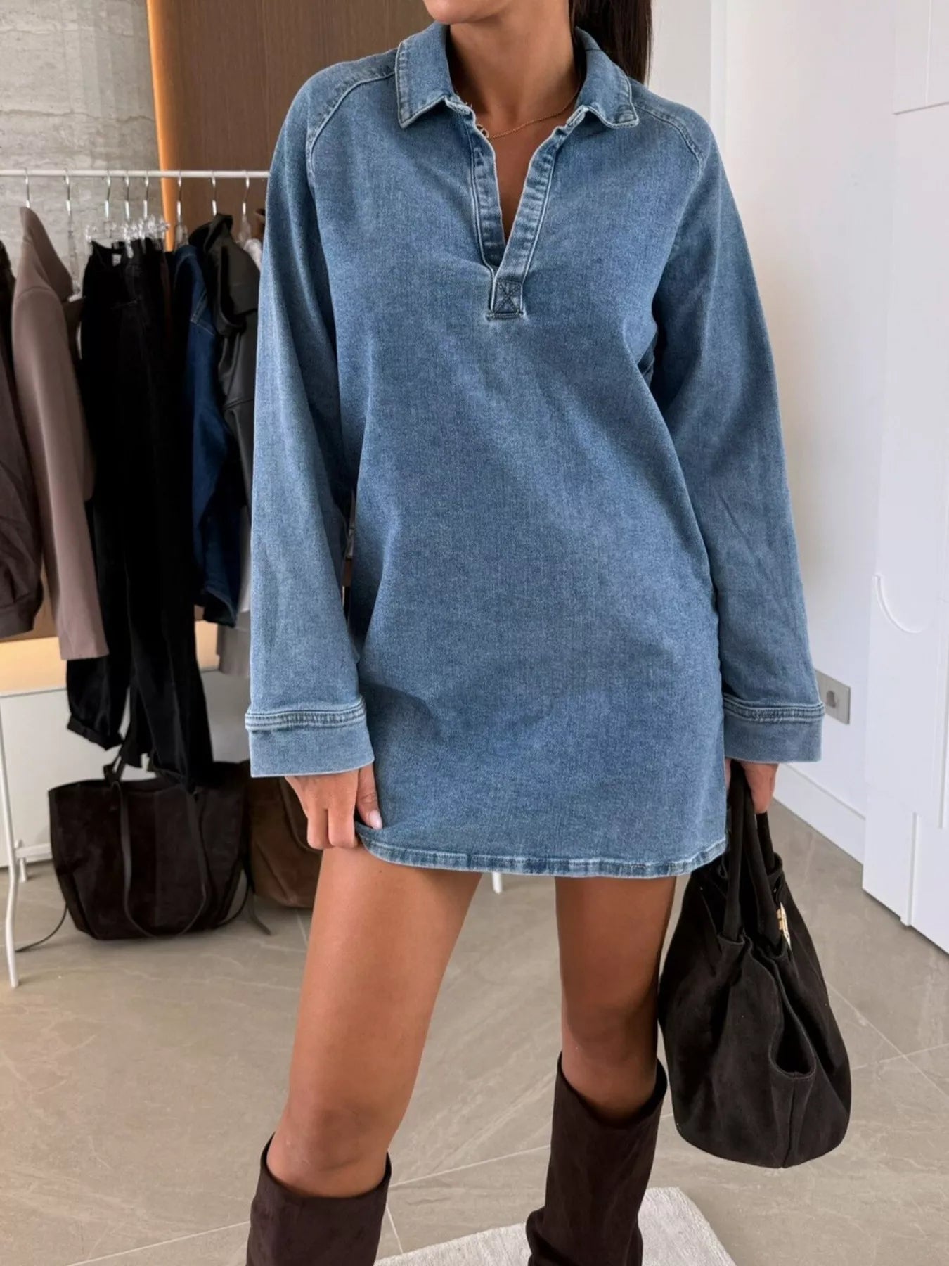 Collared Neck Long Sleeve Denim Dress - MAD RUFFI