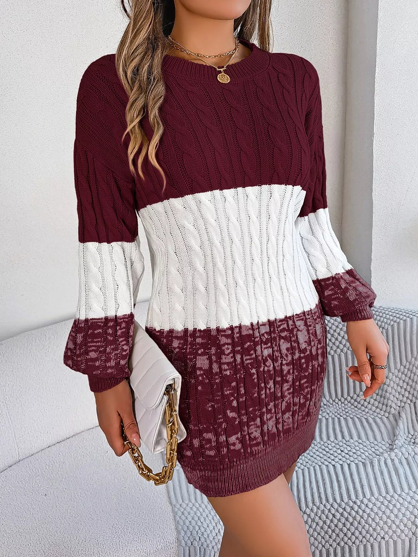 Color Block Cable Knit Sweater Dress with Textured Pattern - MAD RUFFI