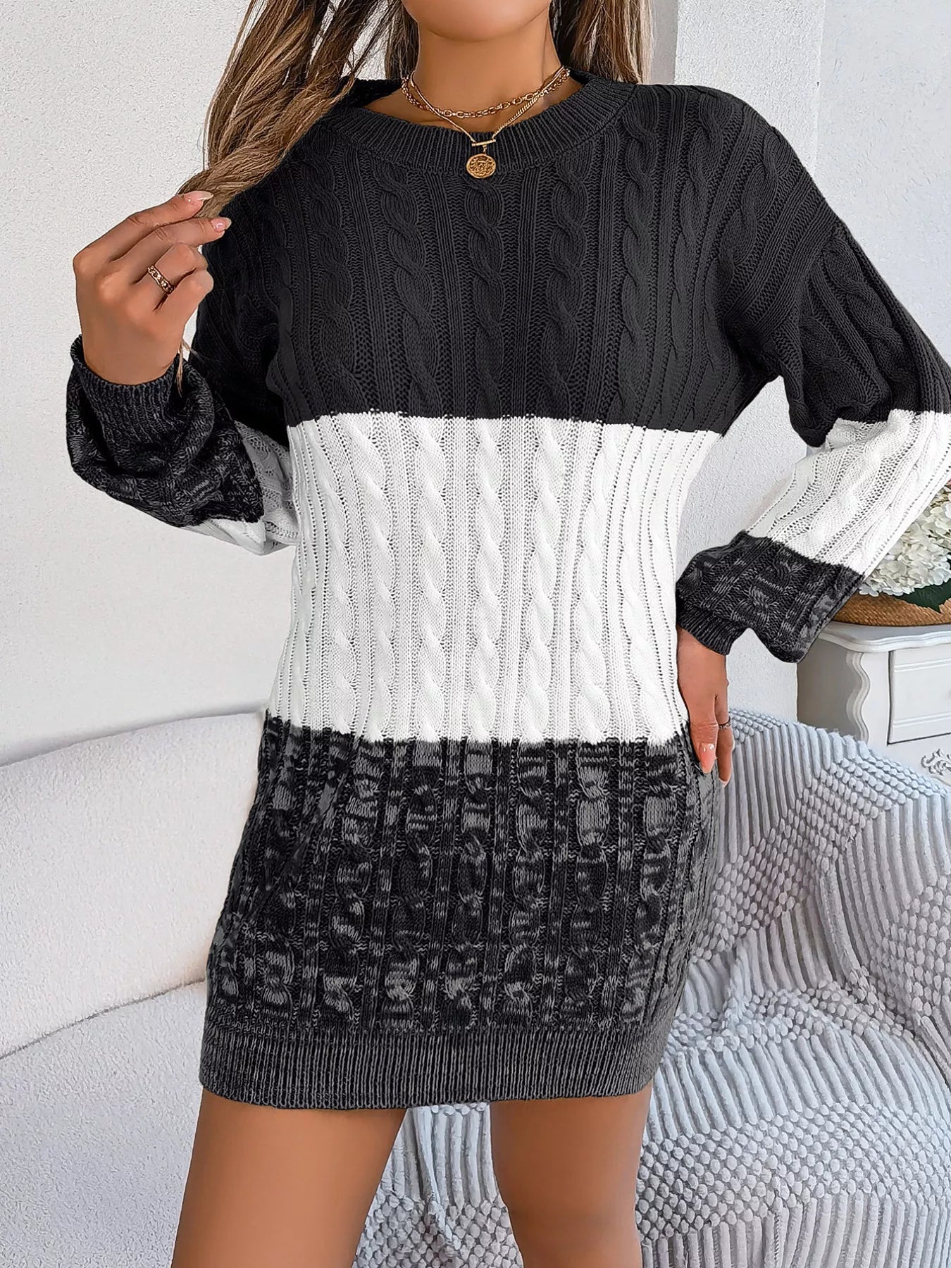 Color Block Cable Knit Sweater Dress with Textured Pattern - MAD RUFFI