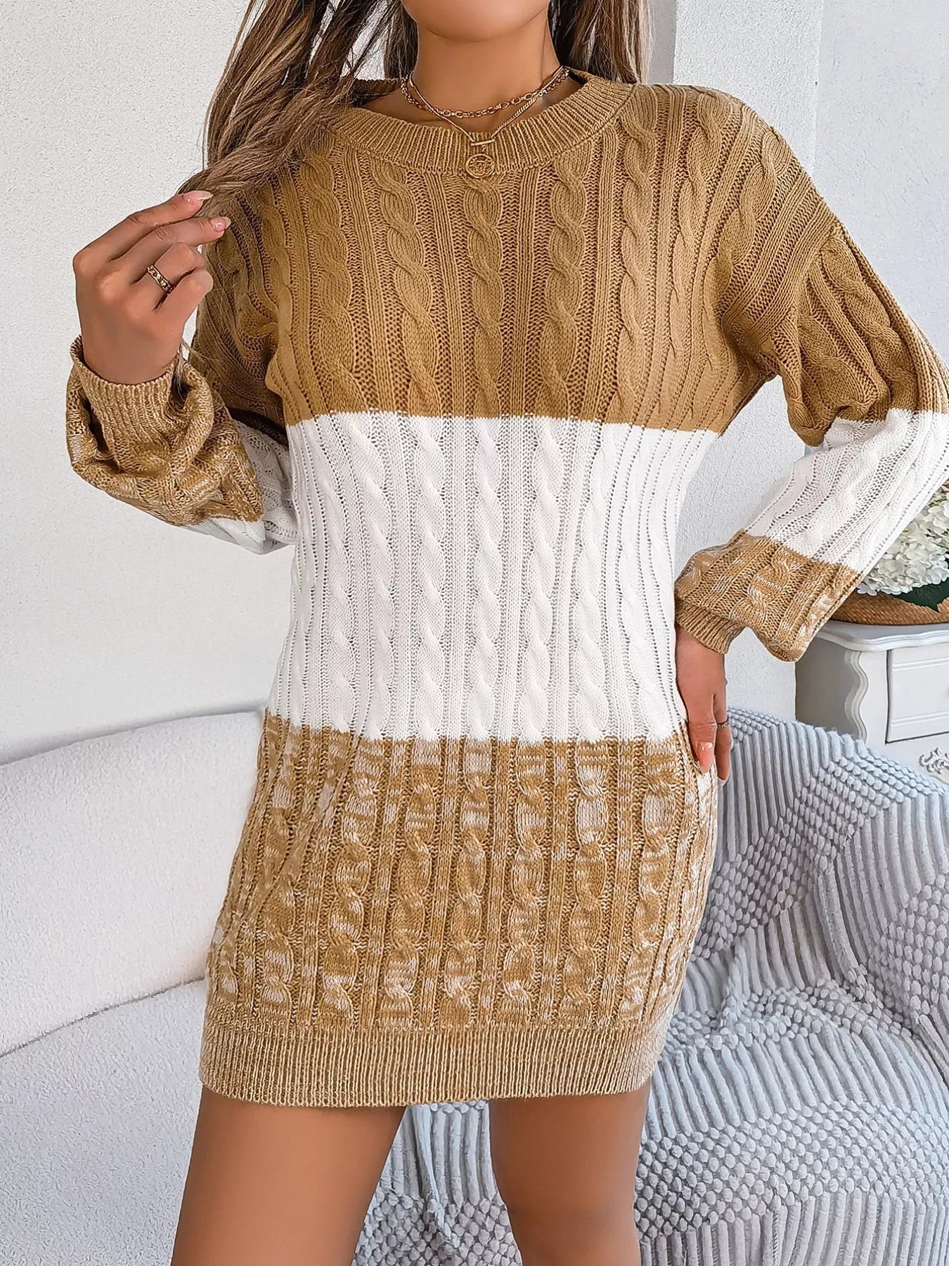 Color Block Cable Knit Sweater Dress with Textured Pattern - MAD RUFFI