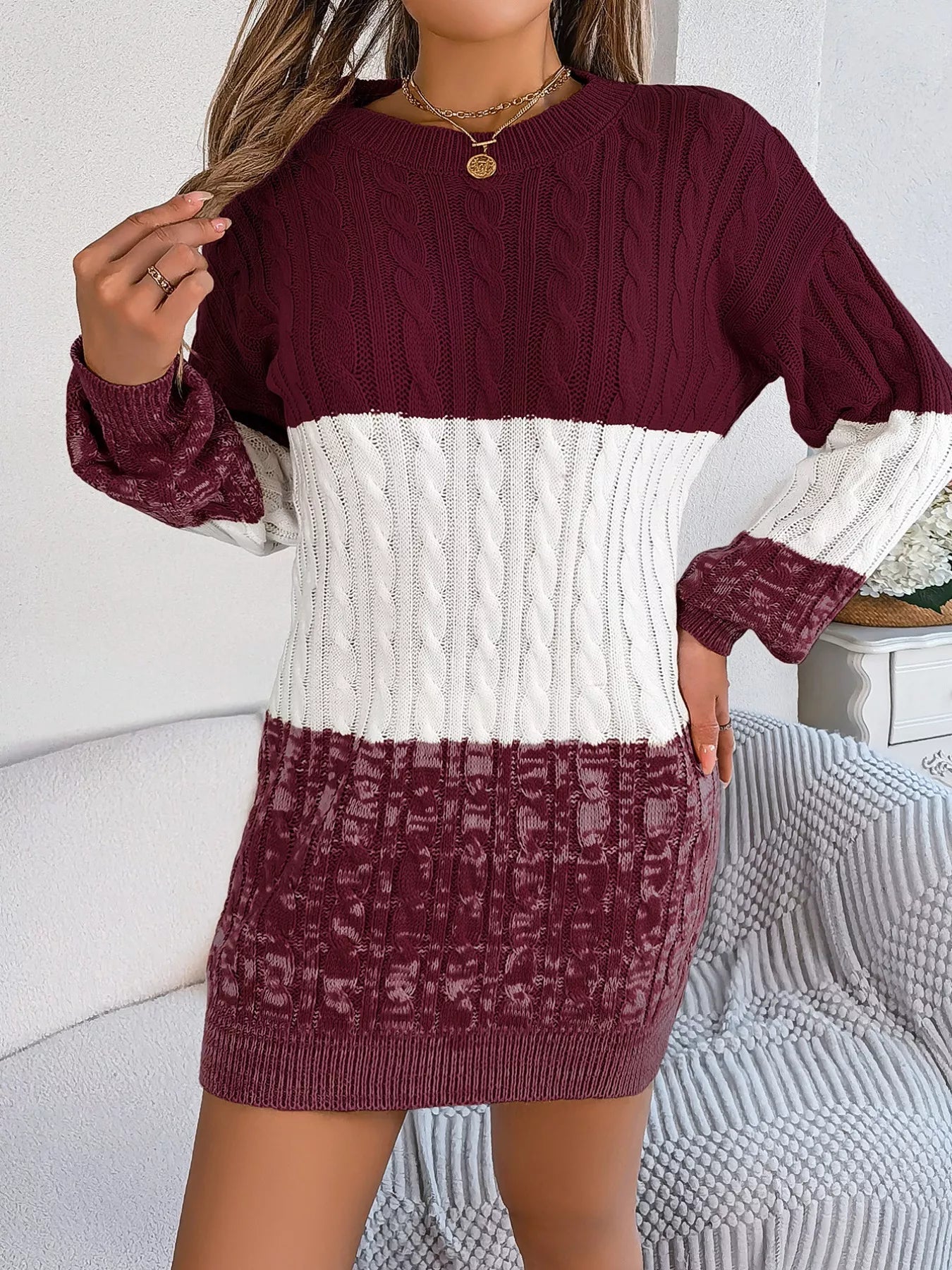Color Block Cable Knit Sweater Dress with Textured Pattern - MAD RUFFI