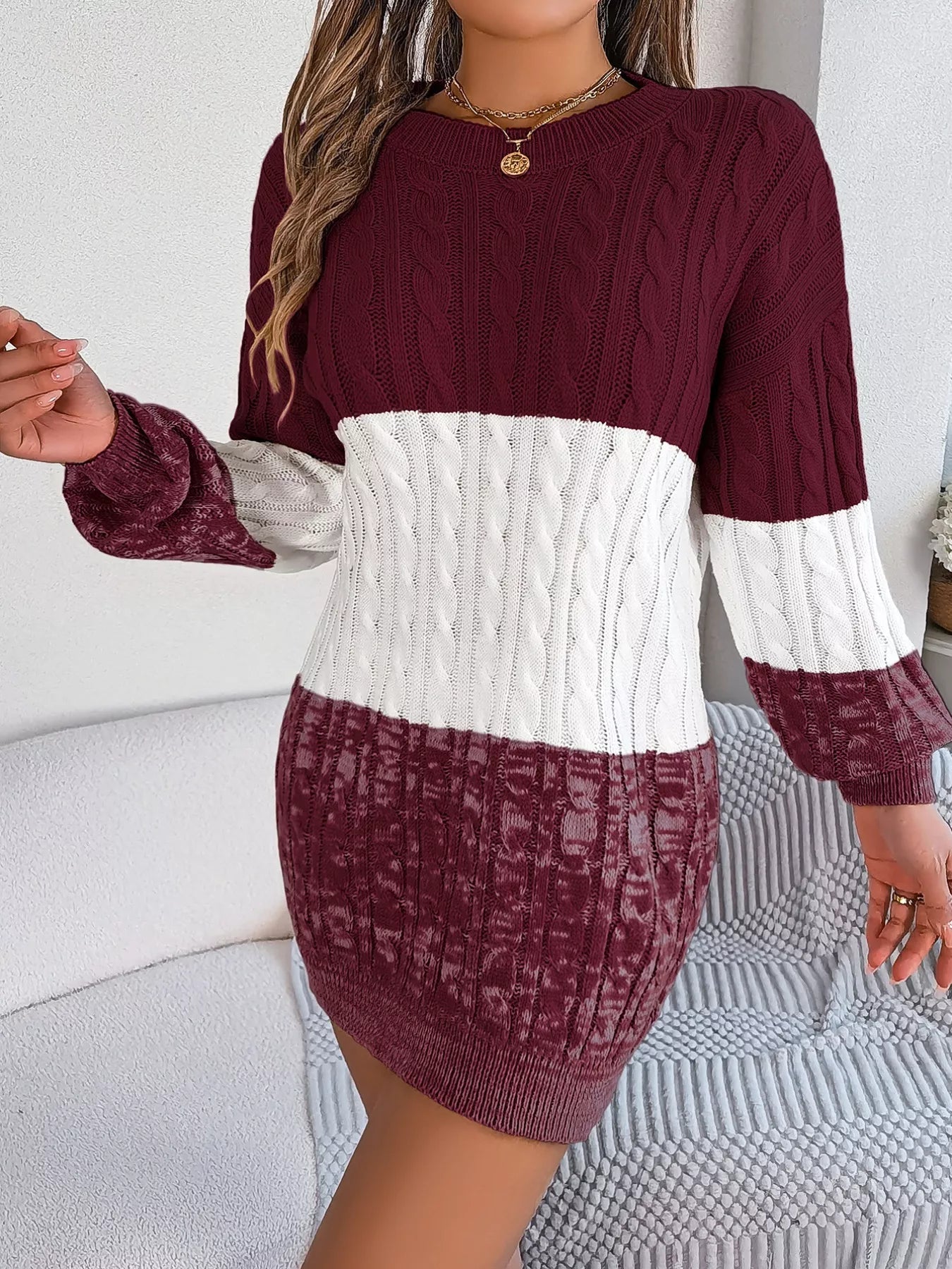 Color Block Cable Knit Sweater Dress with Textured Pattern - MAD RUFFI