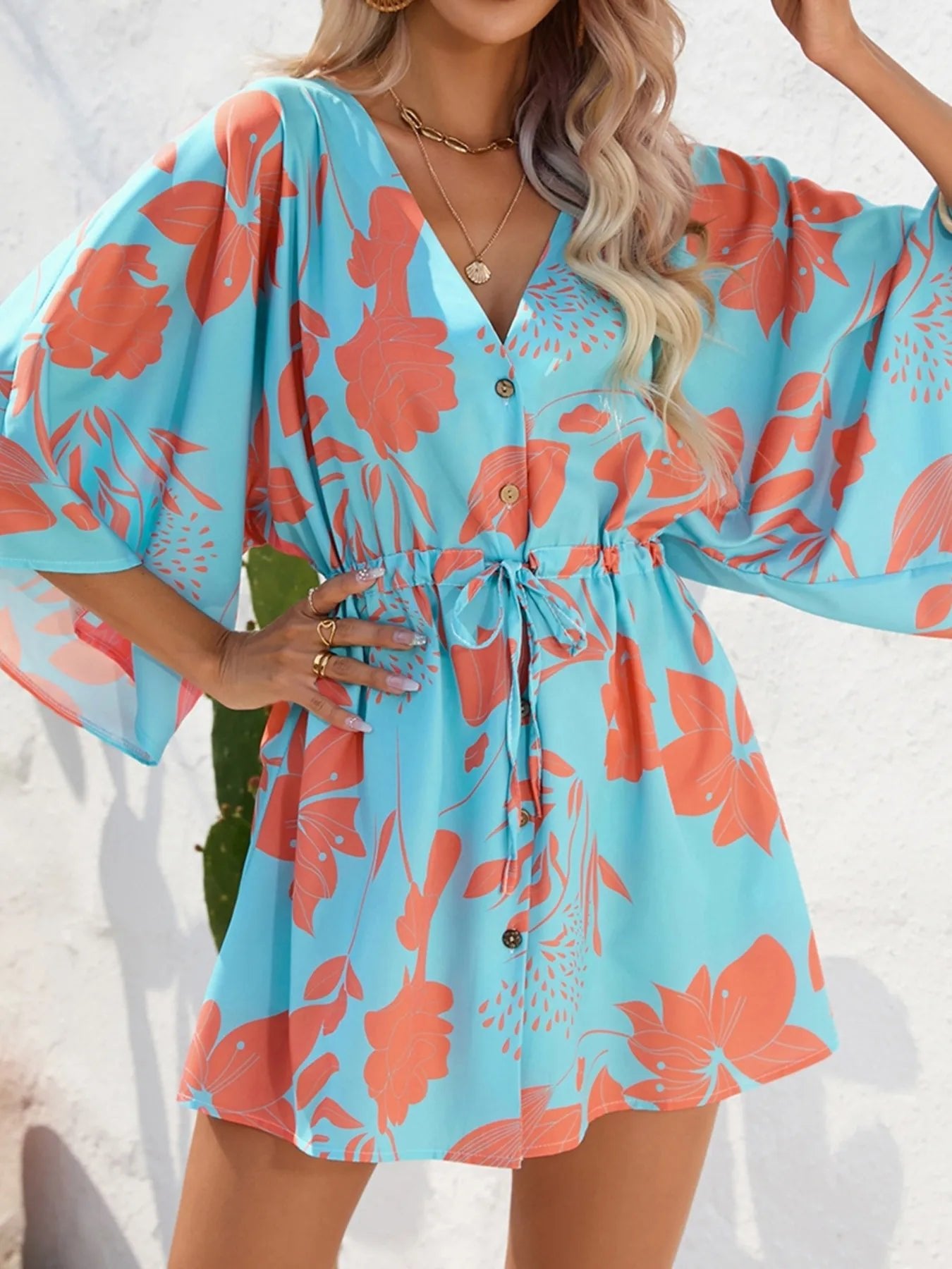 Color Block Drawstring Waist Button Up Dress - MAD RUFFI