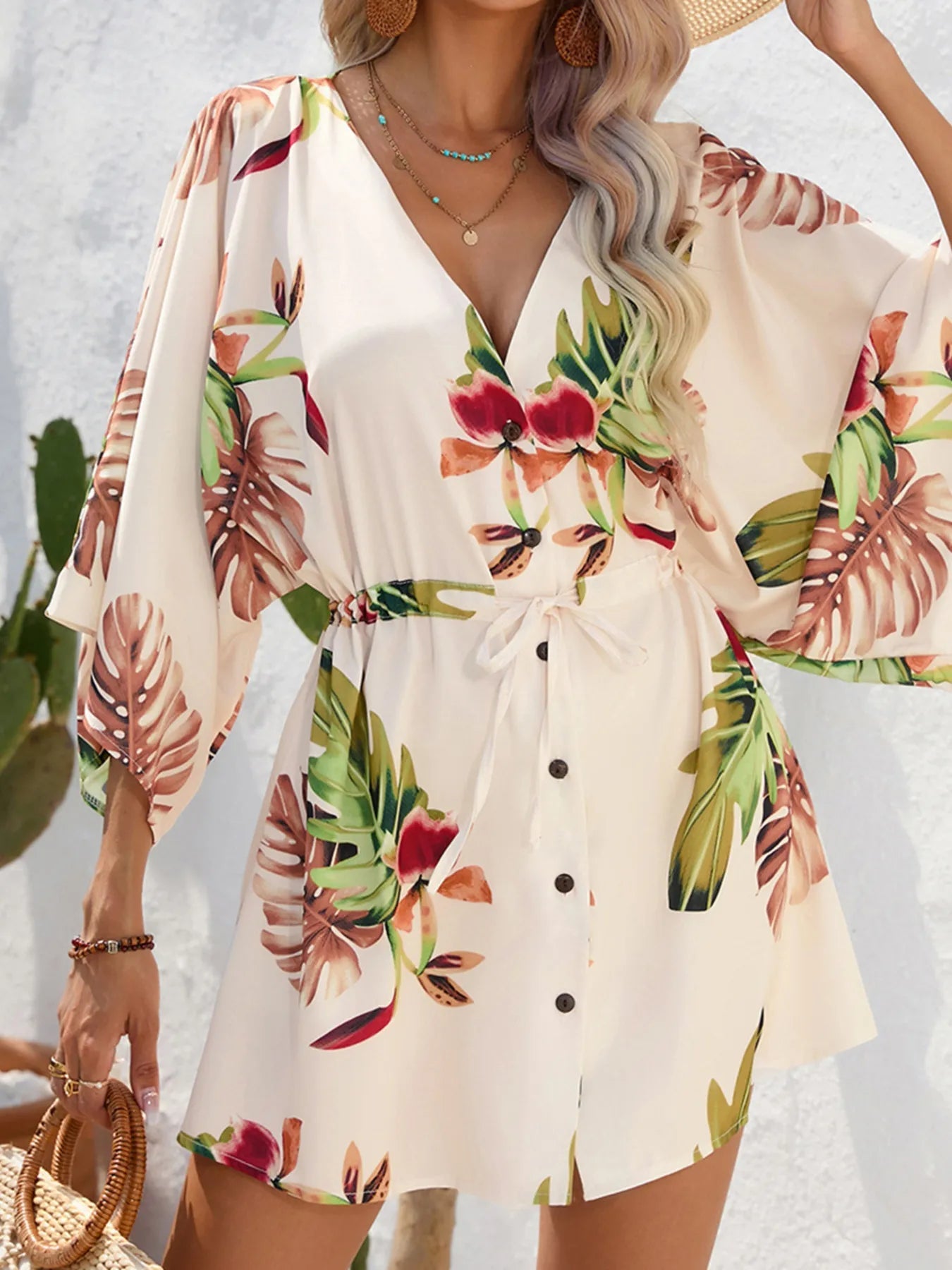 Color Block Drawstring Waist Button Up Dress - MAD RUFFI