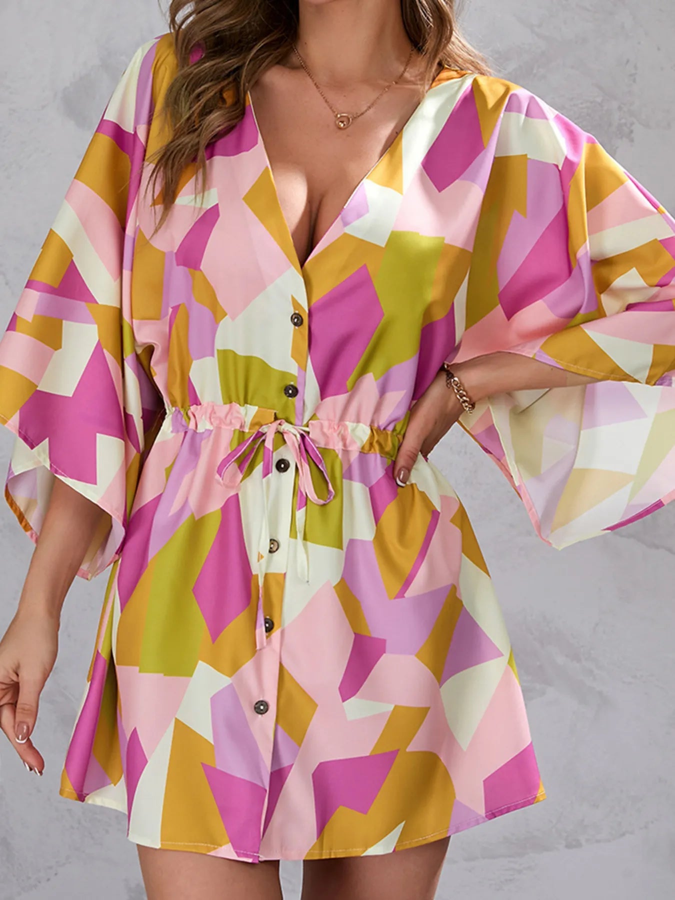 Color Block Drawstring Waist Button Up Dress - MAD RUFFI