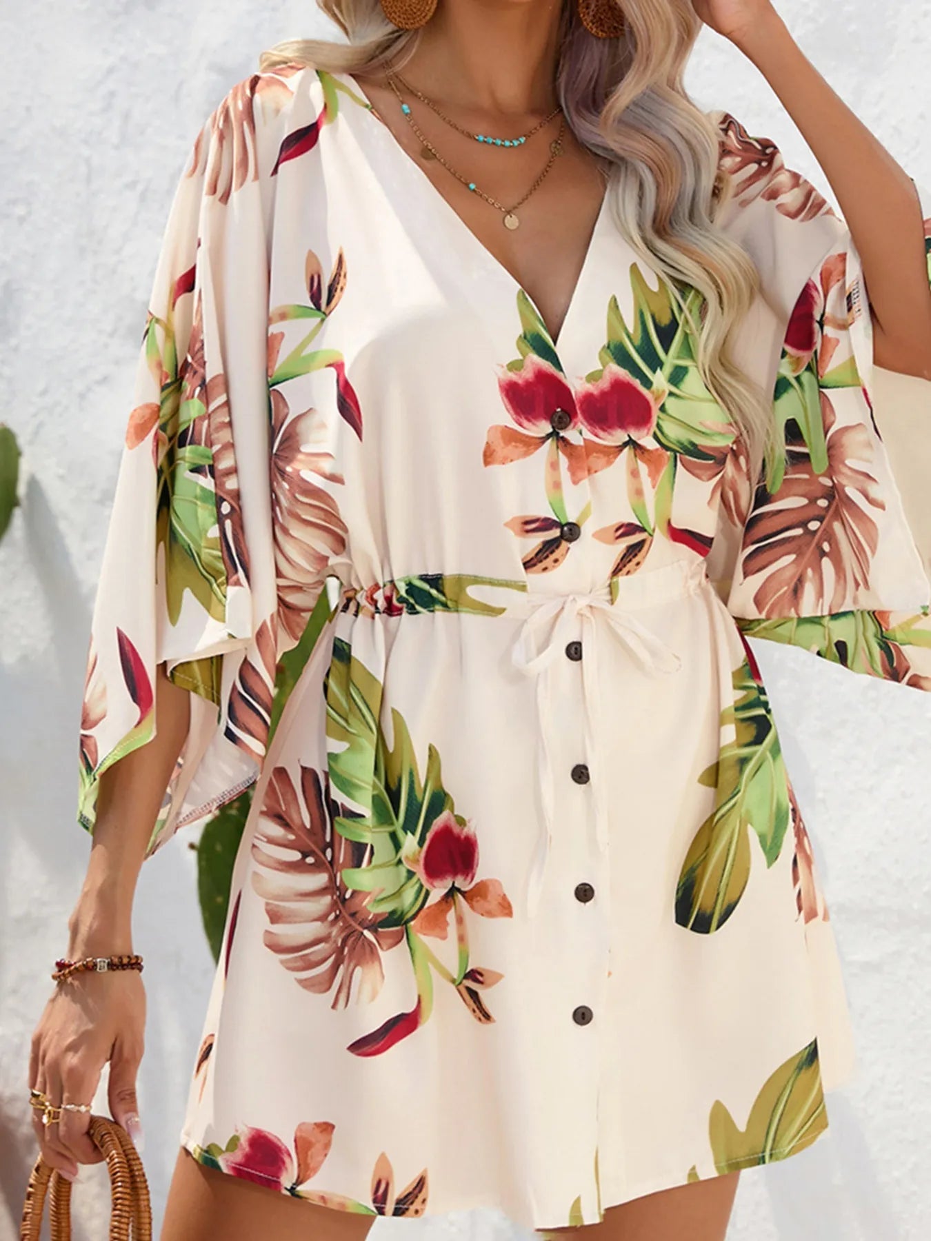 Color Block Drawstring Waist Button Up Dress - MAD RUFFI