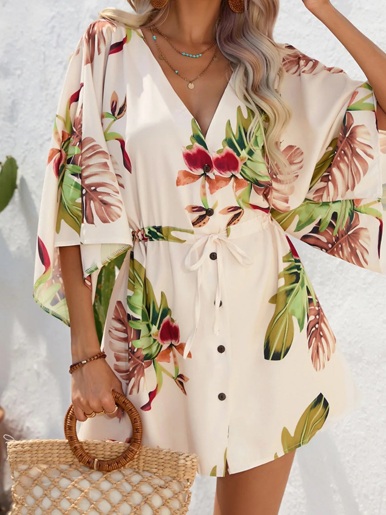 Color Block Drawstring Waist Button Up Dress - MAD RUFFI