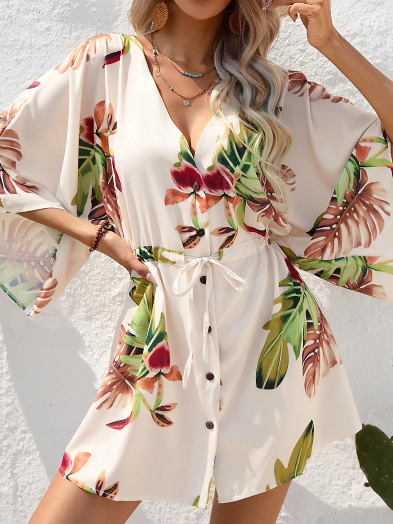 Color Block Drawstring Waist Button Up Dress - MAD RUFFI