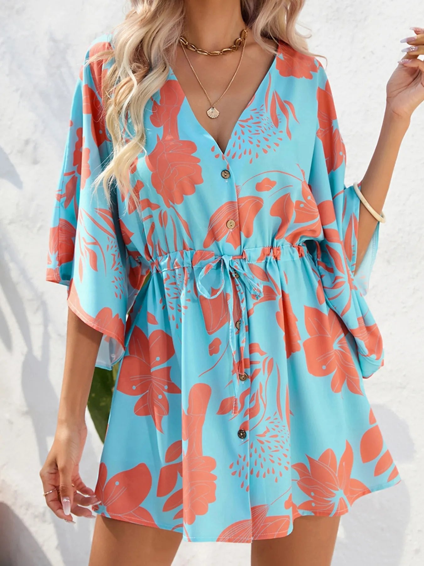 Color Block Drawstring Waist Button Up Dress - MAD RUFFI