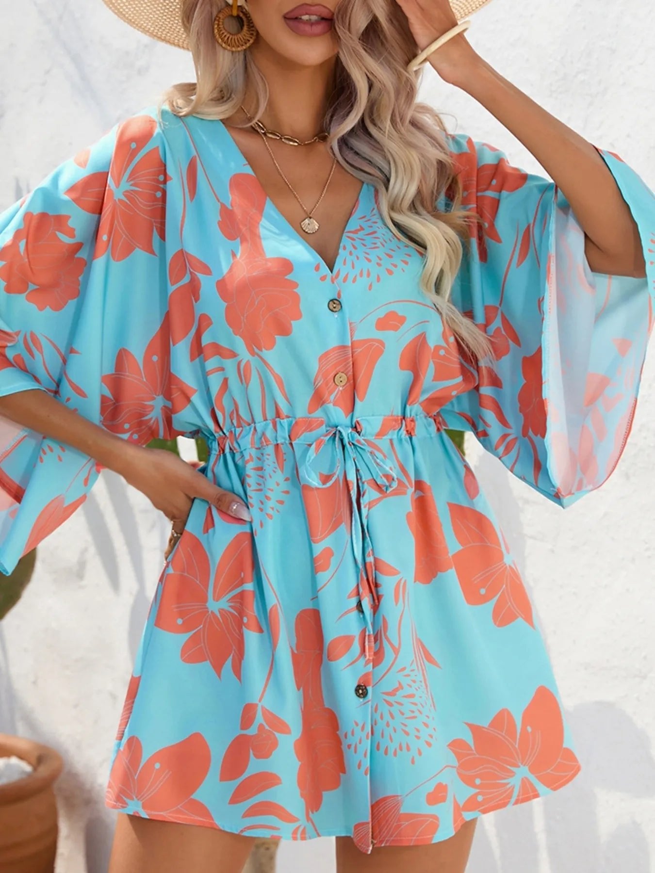 Color Block Drawstring Waist Button Up Dress - MAD RUFFI