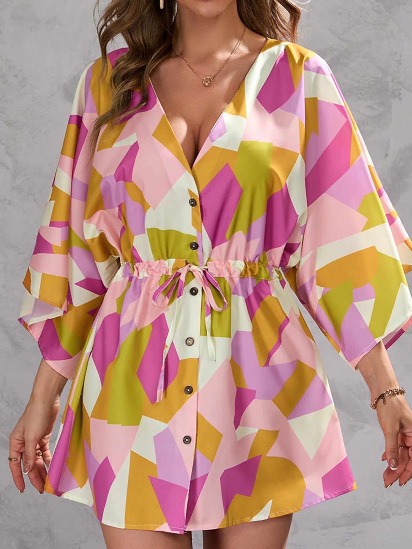 Color Block Drawstring Waist Button Up Dress - MAD RUFFI