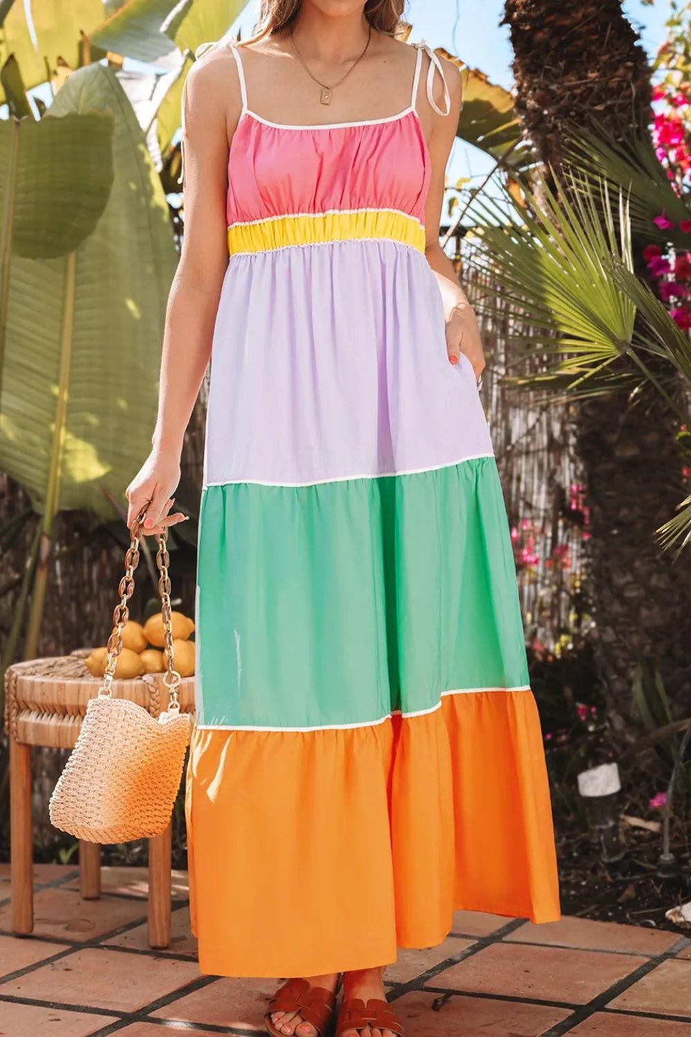 Color Block Flowy Tiered Maxi Dress with Pockets - MAD RUFFI
