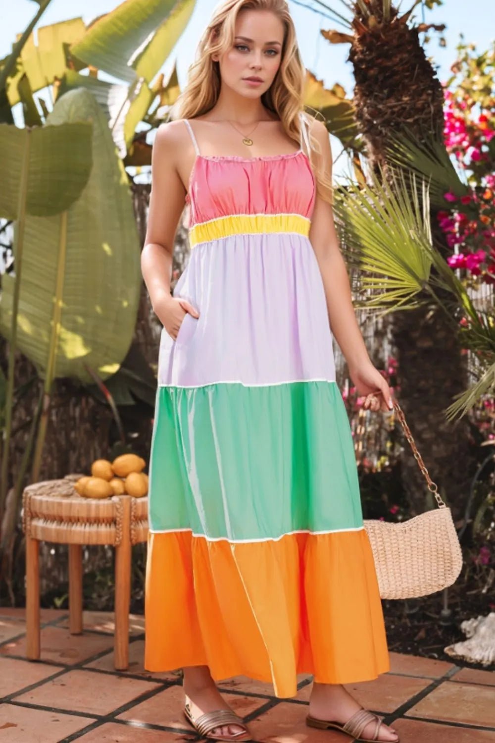 Color Block Flowy Tiered Maxi Dress with Pockets - MAD RUFFI