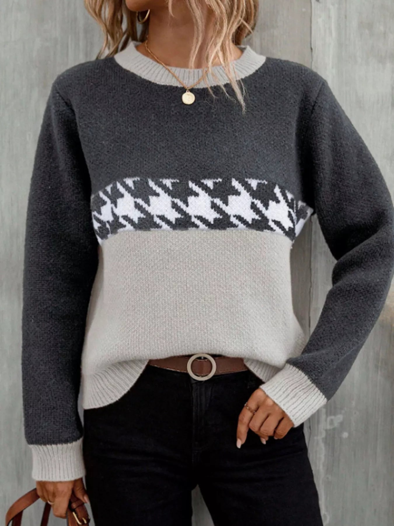 Color Block Houndstooth Knit Sweater - MAD RUFFI