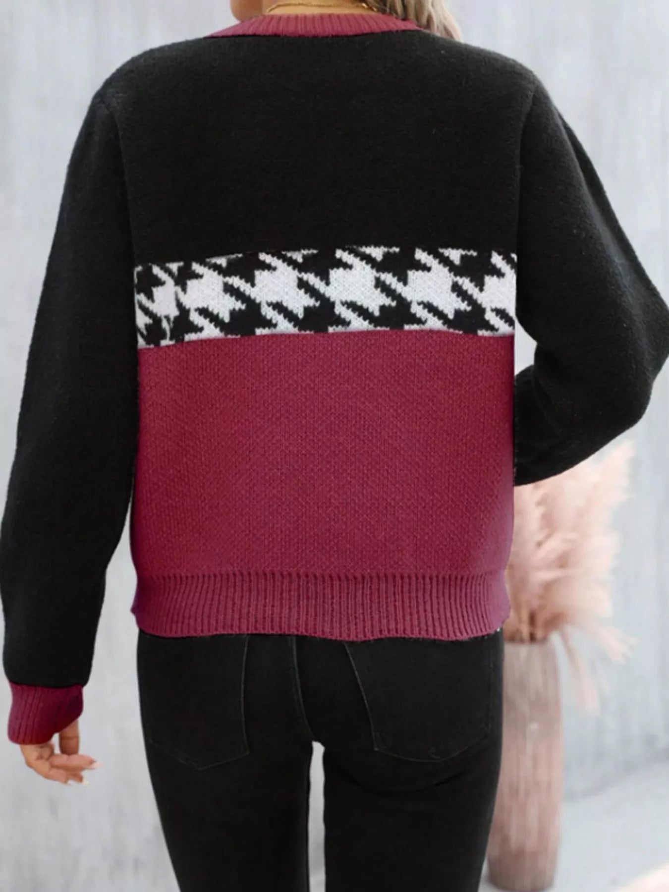 Color Block Houndstooth Knit Sweater - MAD RUFFI