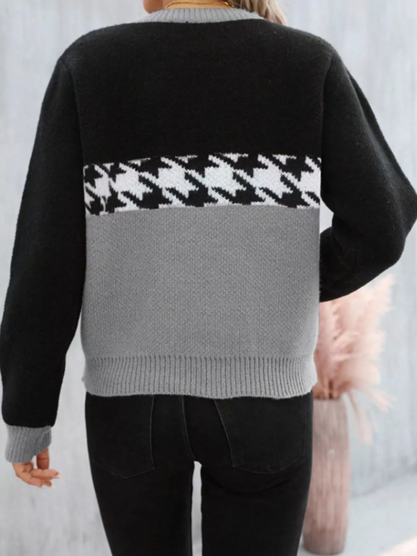 Color Block Houndstooth Knit Sweater - MAD RUFFI
