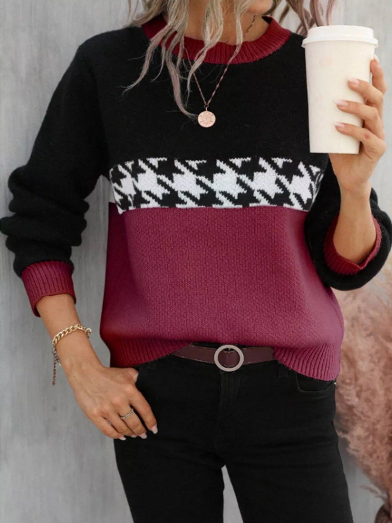 Color Block Houndstooth Knit Sweater - MAD RUFFI