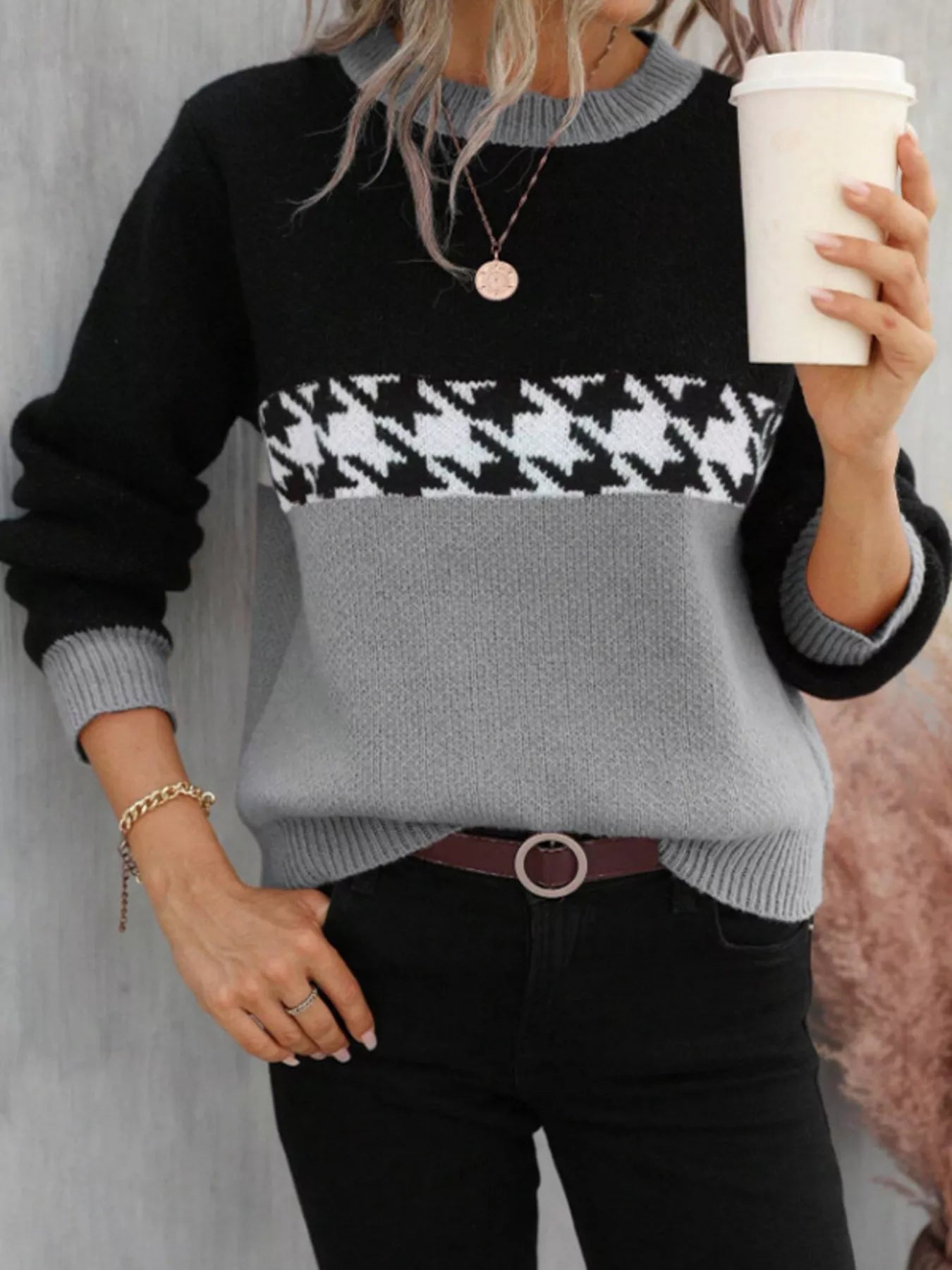 Color Block Houndstooth Knit Sweater - MAD RUFFI