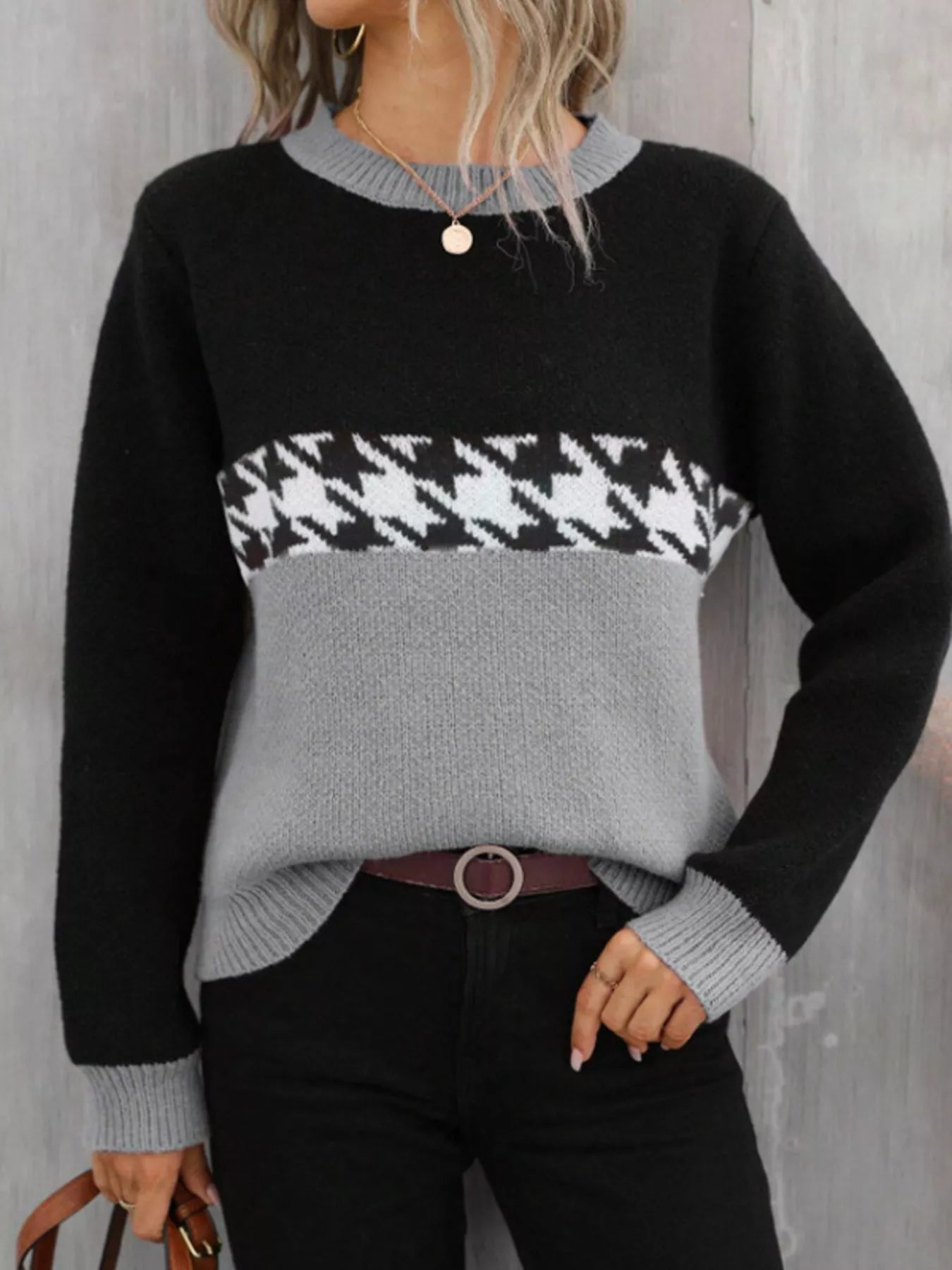 Color Block Houndstooth Knit Sweater - MAD RUFFI