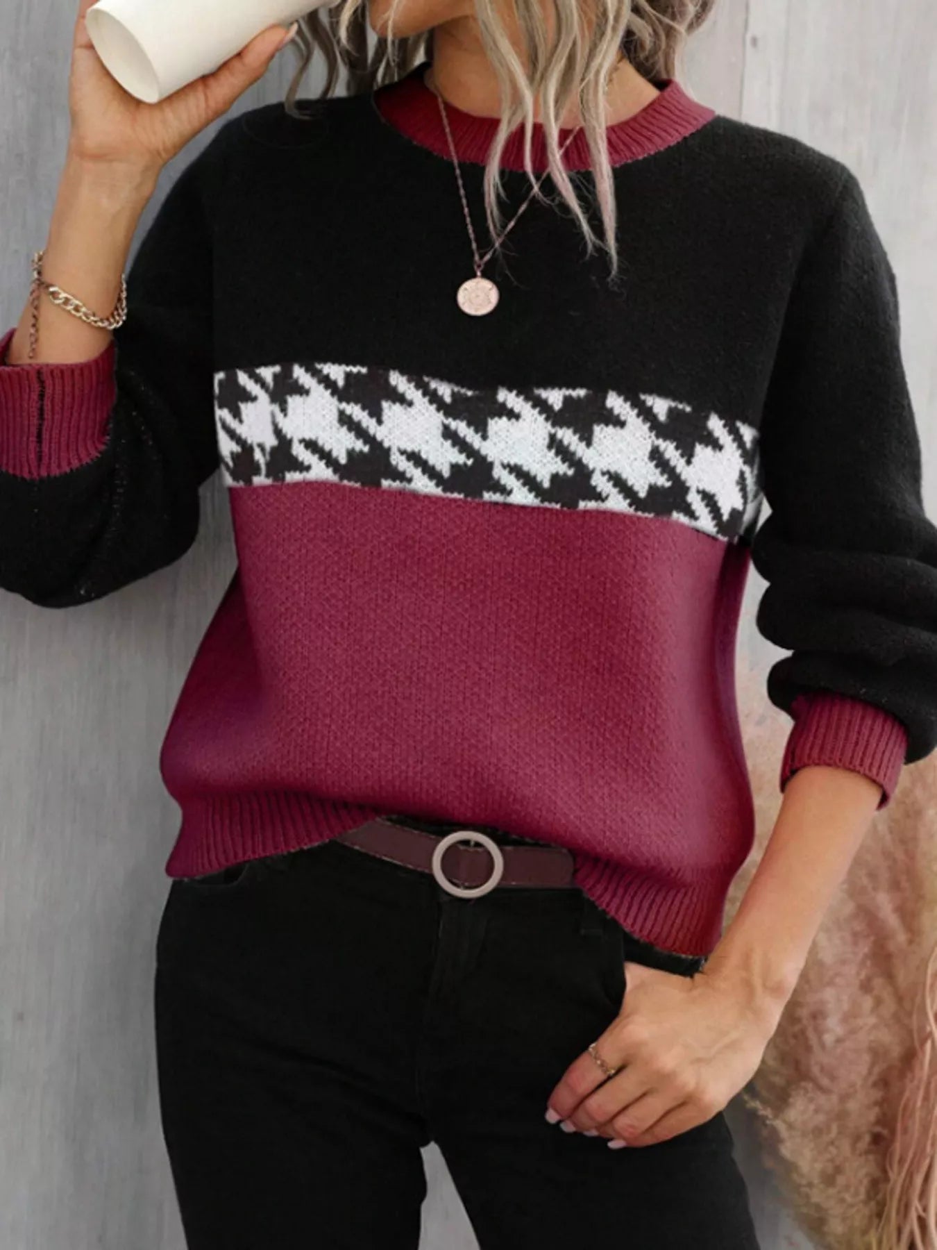 Color Block Houndstooth Knit Sweater - MAD RUFFI