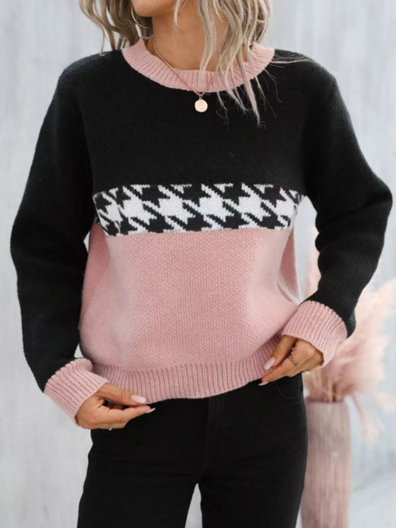 Color Block Houndstooth Knit Sweater - MAD RUFFI