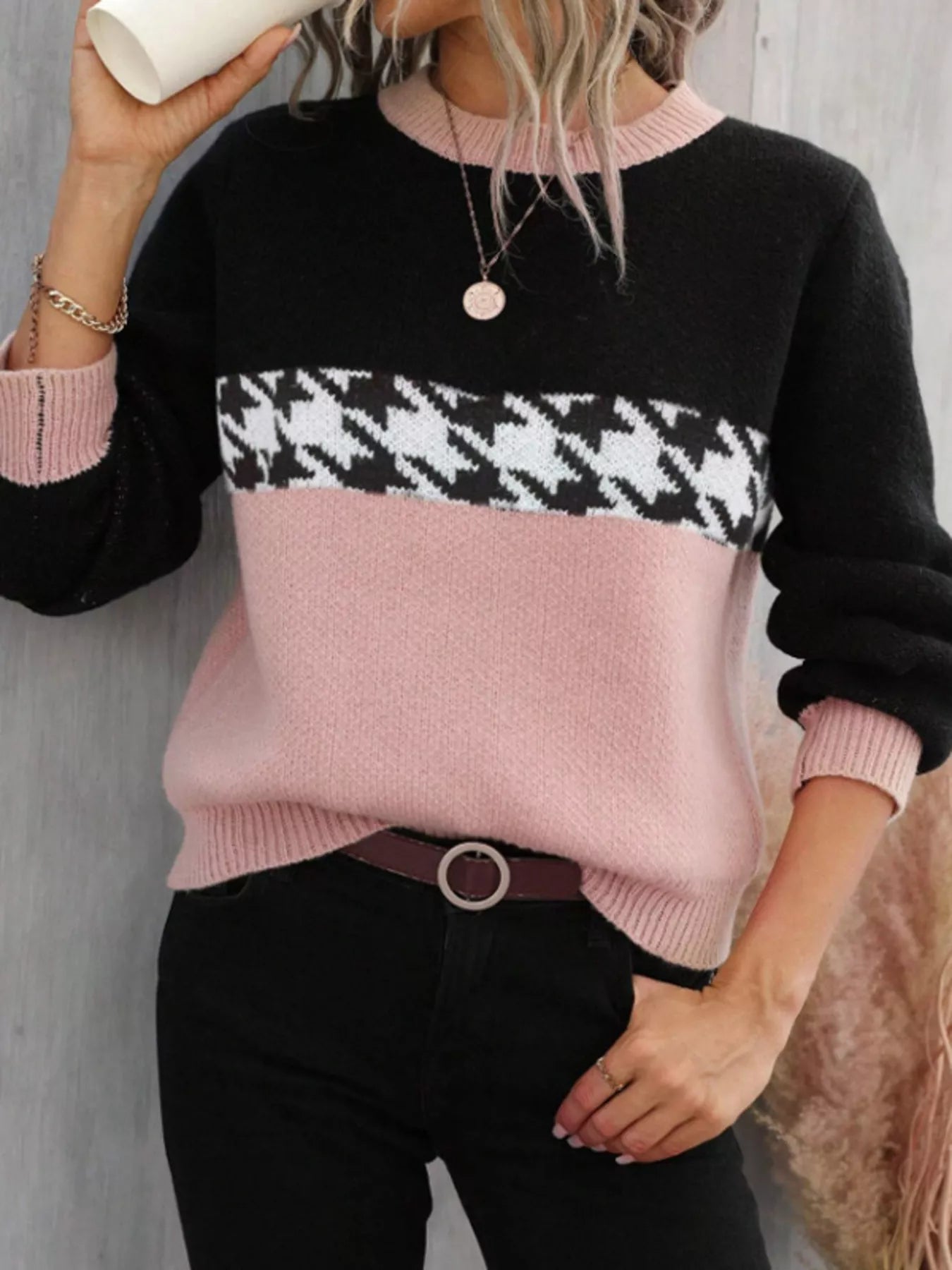 Color Block Houndstooth Knit Sweater - MAD RUFFI