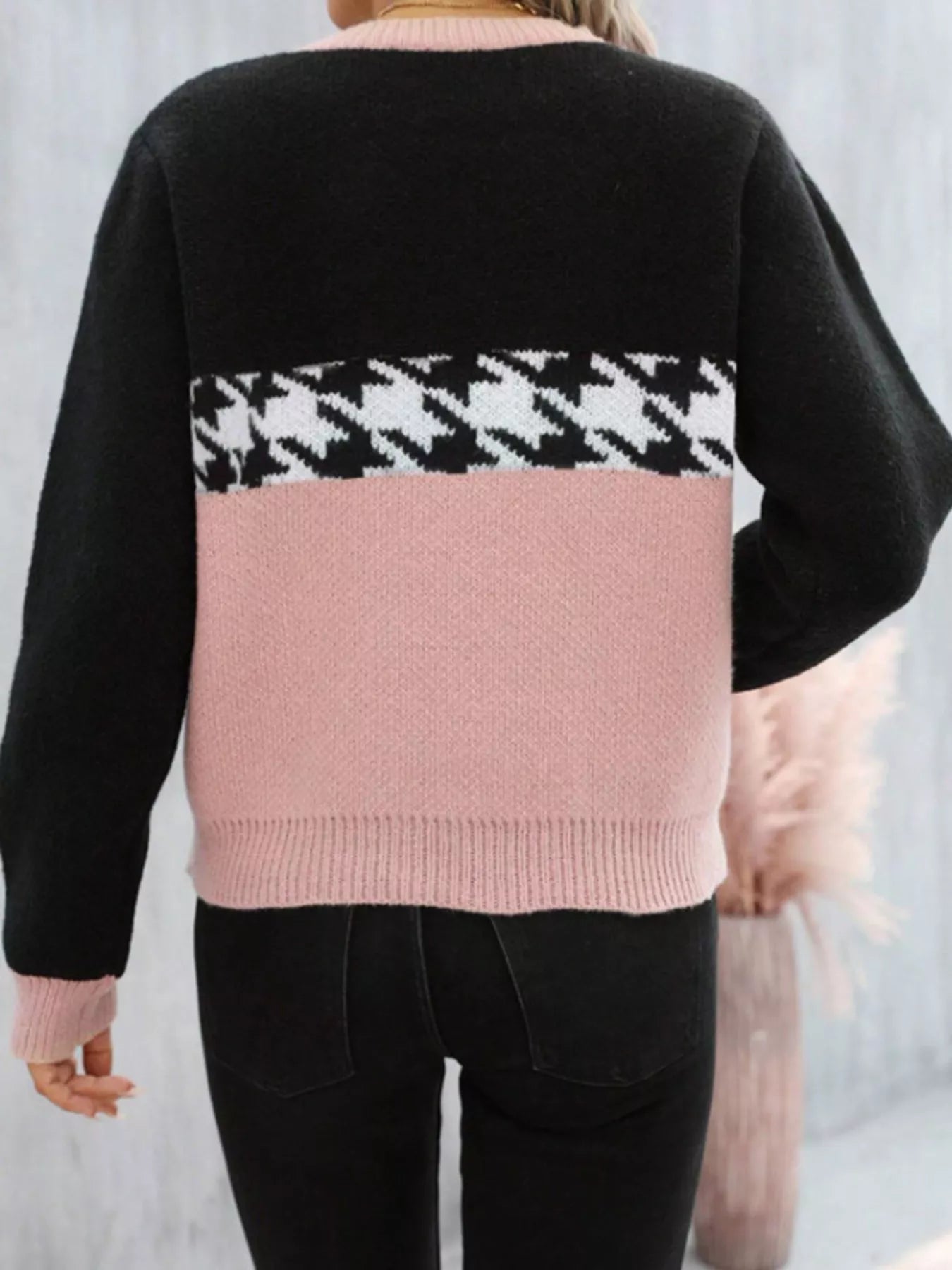 Color Block Houndstooth Knit Sweater - MAD RUFFI