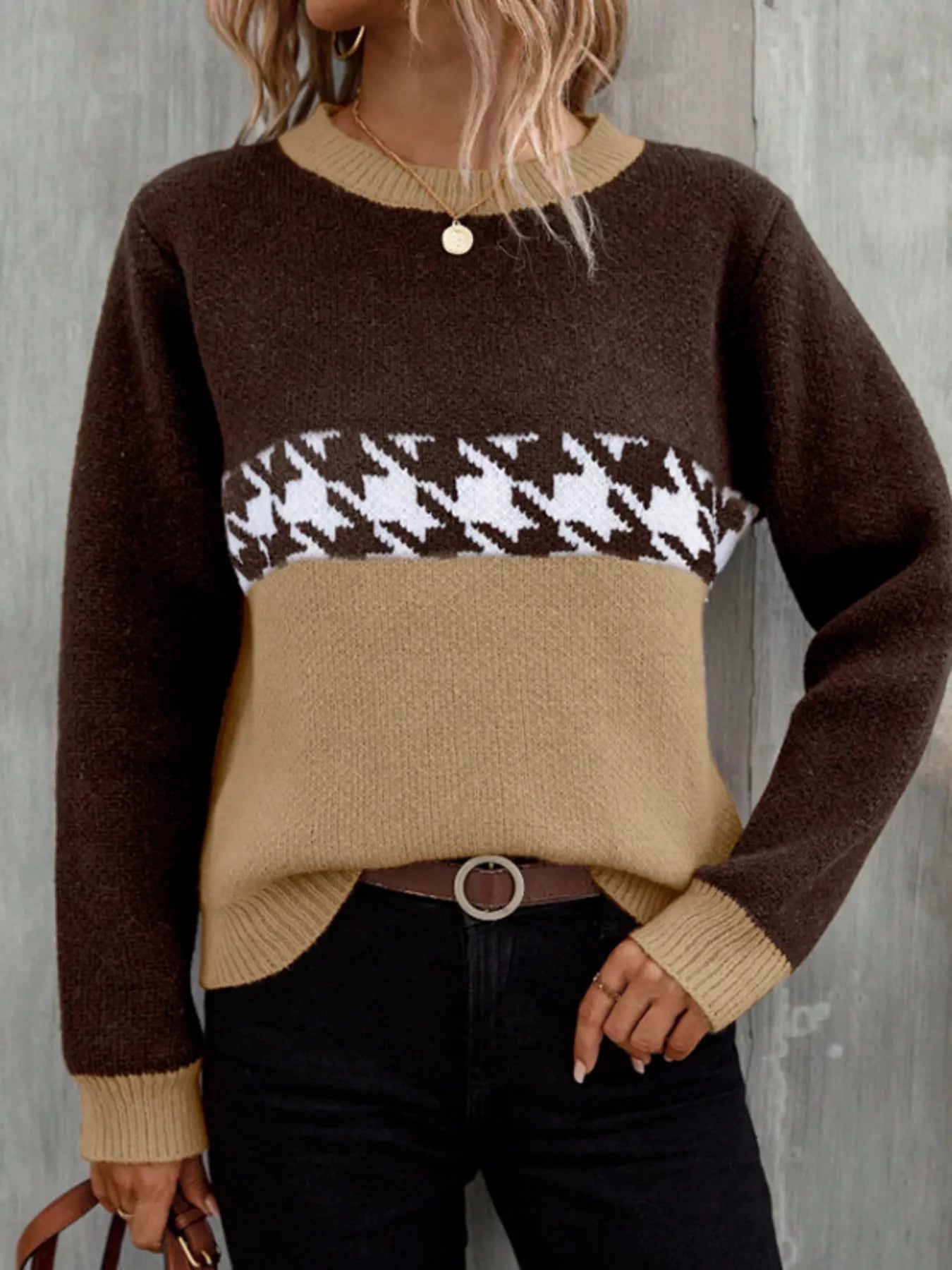 Color Block Houndstooth Knit Sweater - MAD RUFFI