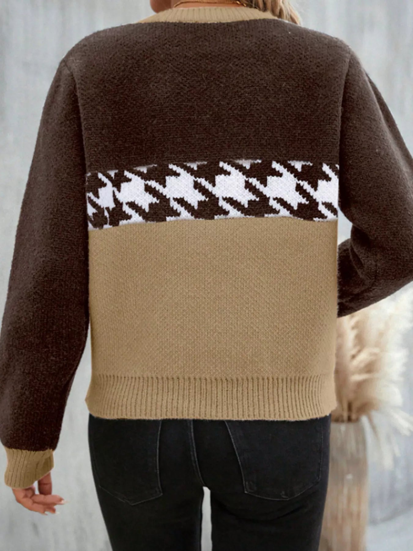 Color Block Houndstooth Knit Sweater - MAD RUFFI