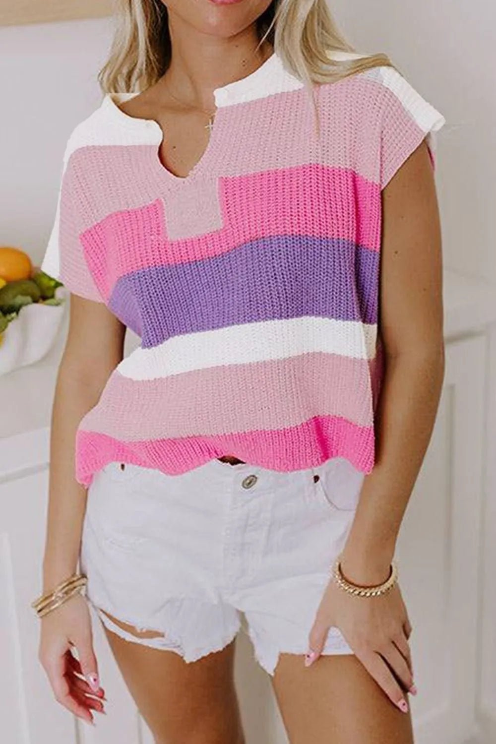 Color Block Notched Short Sleeve Knit Top - MAD RUFFI