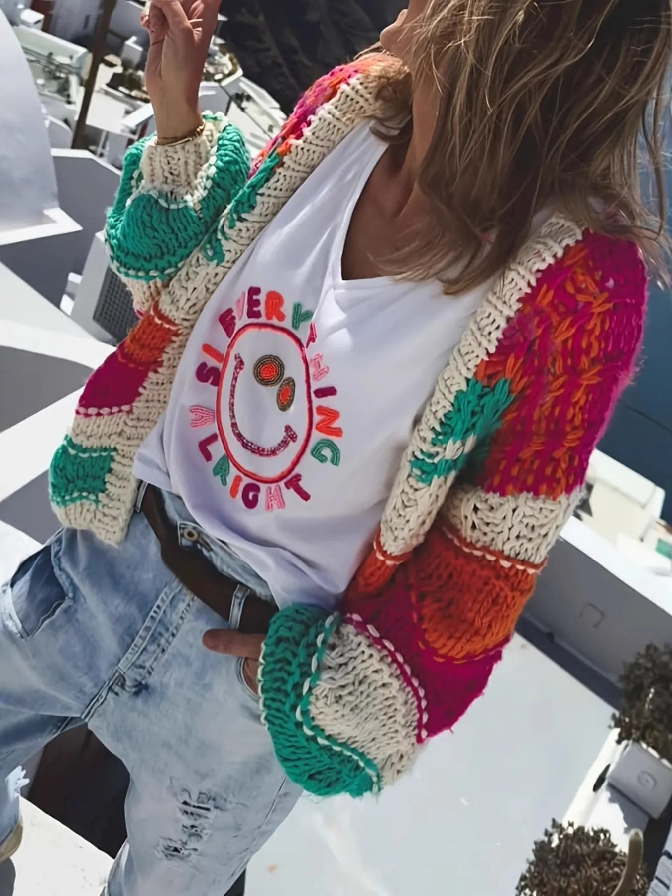 Color Block Open Front Cardigan - MAD RUFFI