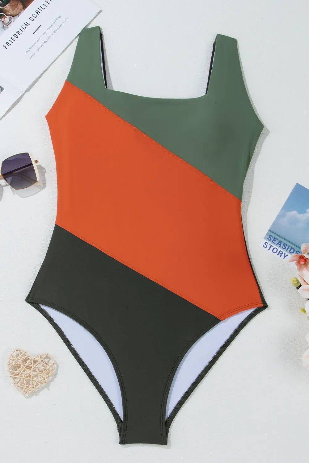 Color Block Padded Square Neck One Piece Swimsuit - MAD RUFFI