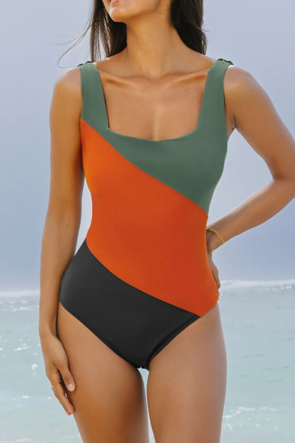 Color Block Padded Square Neck One Piece Swimsuit - MAD RUFFI