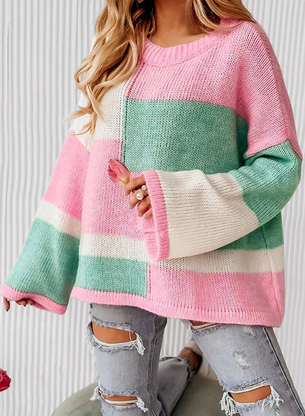 Color Block Round Neck Drop Shoulder Sweater - MAD RUFFI