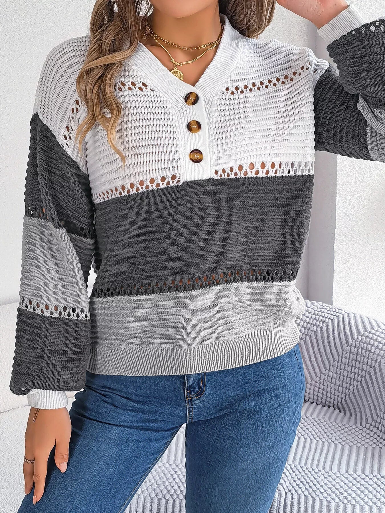 Color Block Striped V - Neck Button Detail Sweater - MAD RUFFI