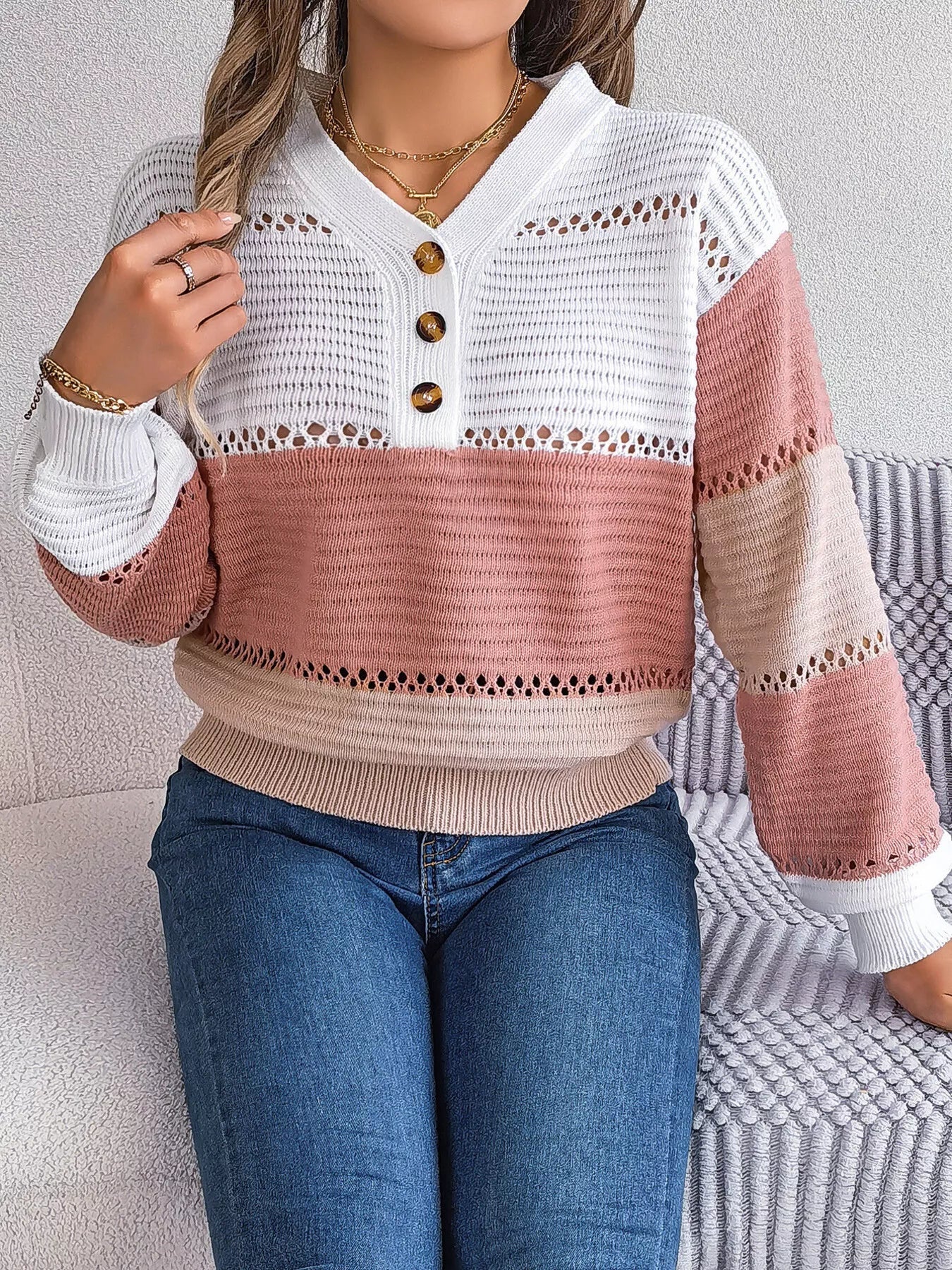 Color Block Striped V - Neck Button Detail Sweater - MAD RUFFI