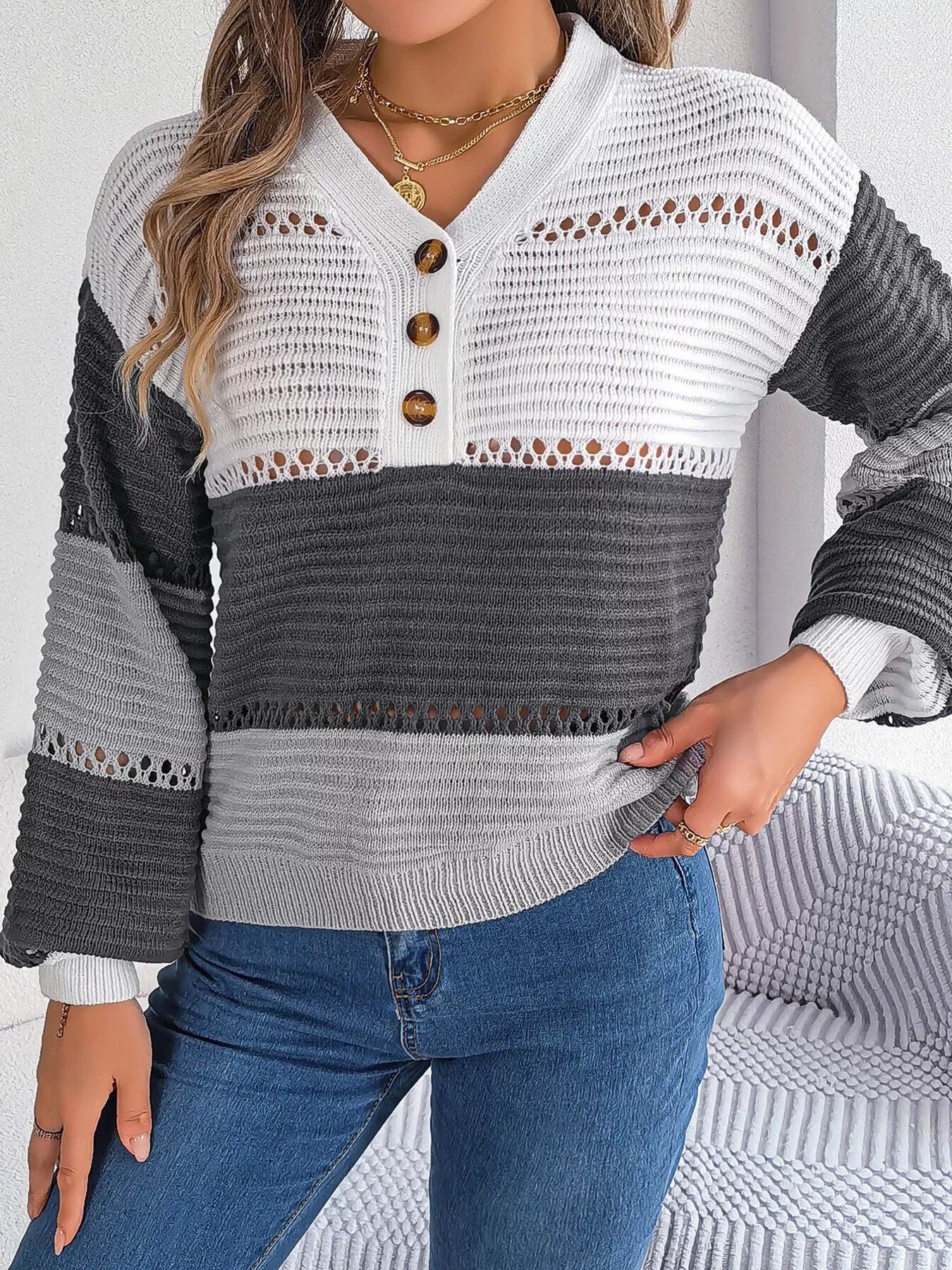 Color Block Striped V - Neck Button Detail Sweater - MAD RUFFI