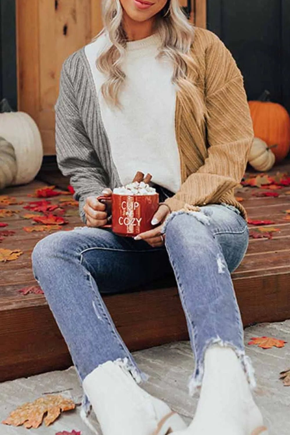 Color Block Textured Drop Shoulder Sweater - MAD RUFFI