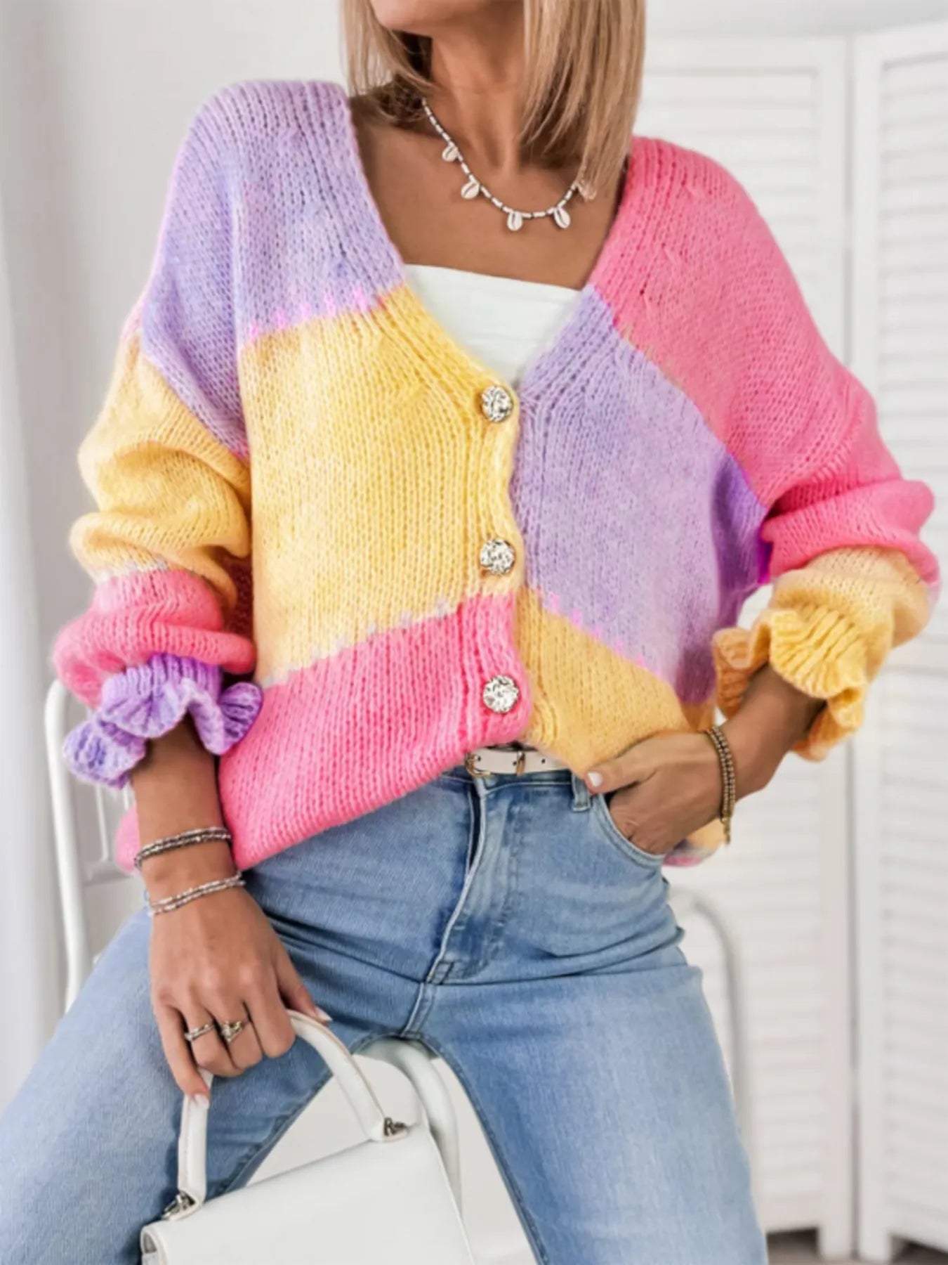 Color Block V - Neck Cardigan - MAD RUFFI